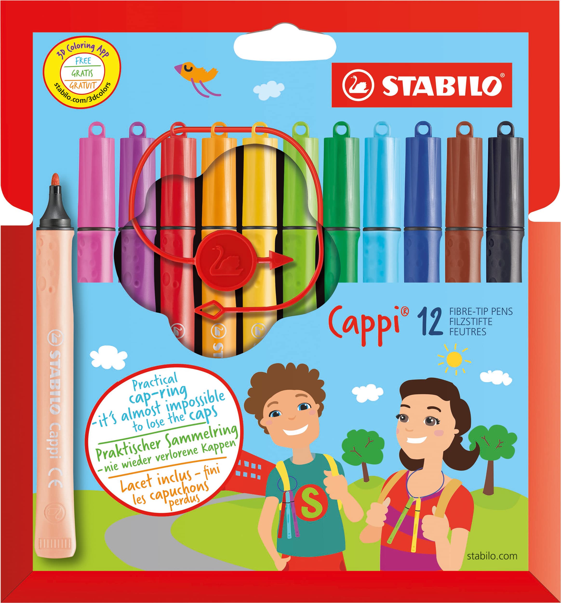 STABILO Cappi Felt Tip Pens - 12 Assorted Colours Wallet with Cap-Ring | 1mm Line Width