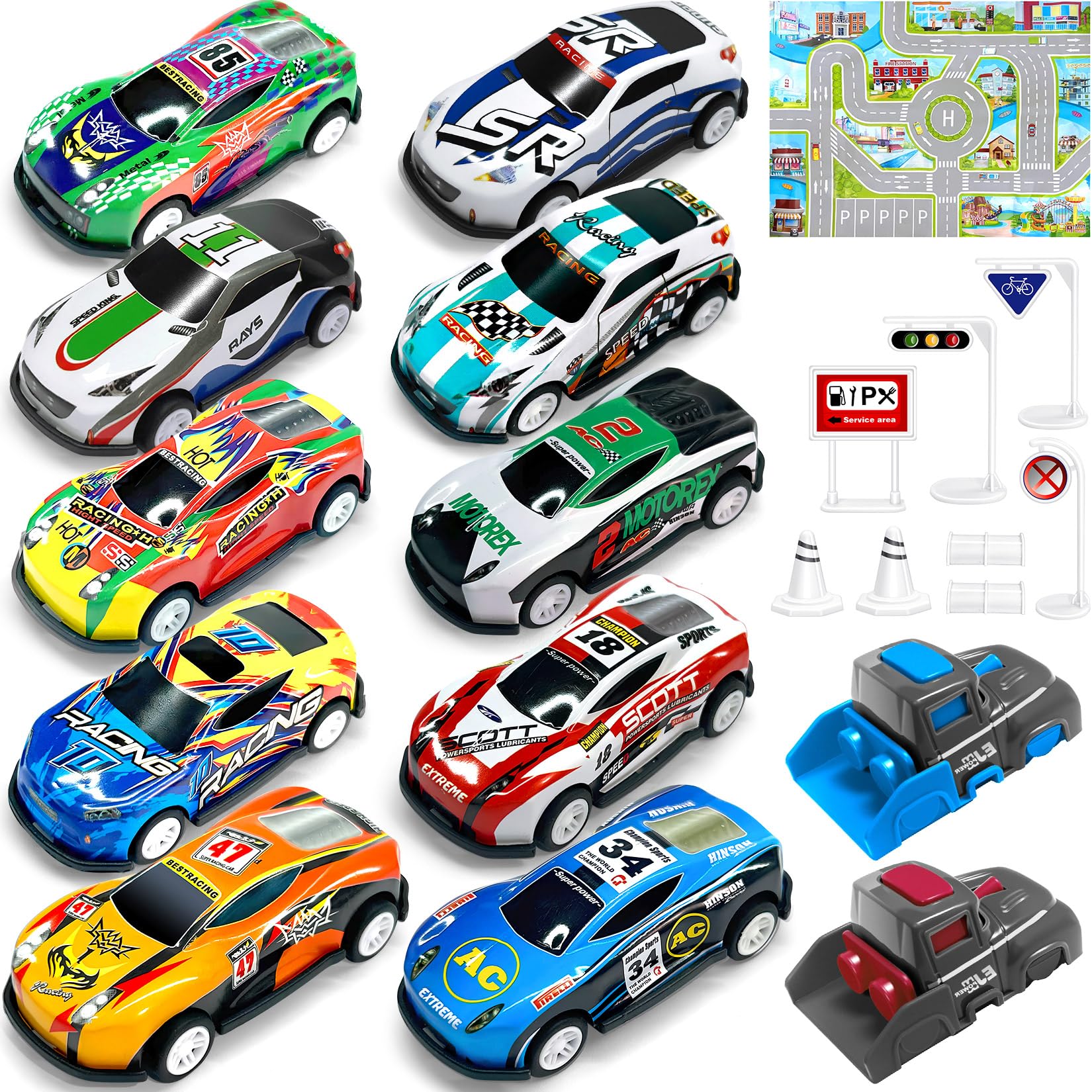 TOYABI 10Pcs Pull Back Toy Cars Racing Set with Mat & 2 Launchers | Metal Shell | Ages 3+ 1
