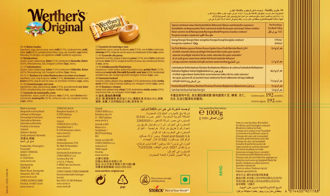 Werther's Original Cream Candies - Classic Buttery Caramel Treats, Gluten-Free & Vegetarian, 1 kg Sharing Bag