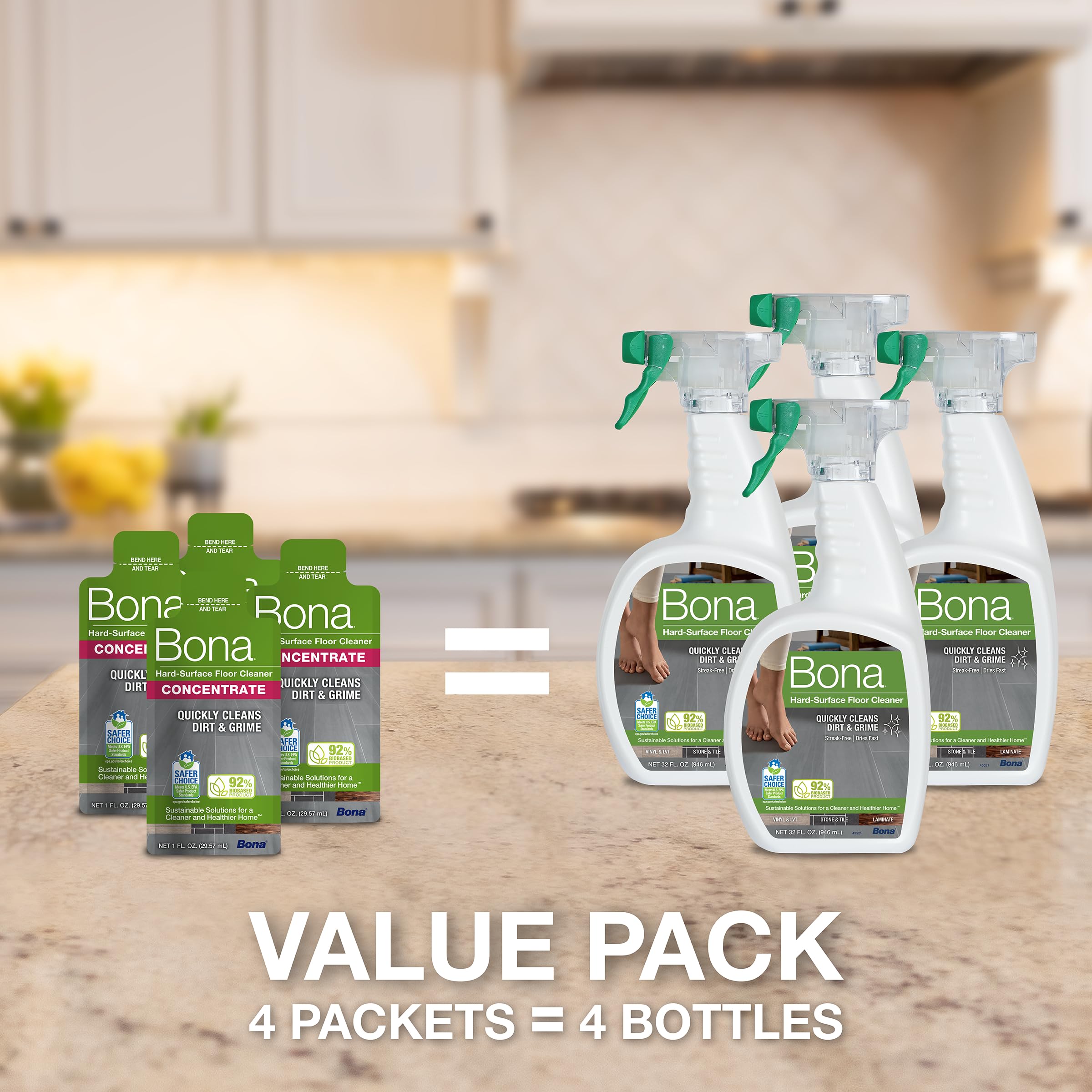 Bona Hard-Surface Floor Cleaner Liquid Concentrate Pouches for Tile, Laminate & LVT | 4 x 60ml