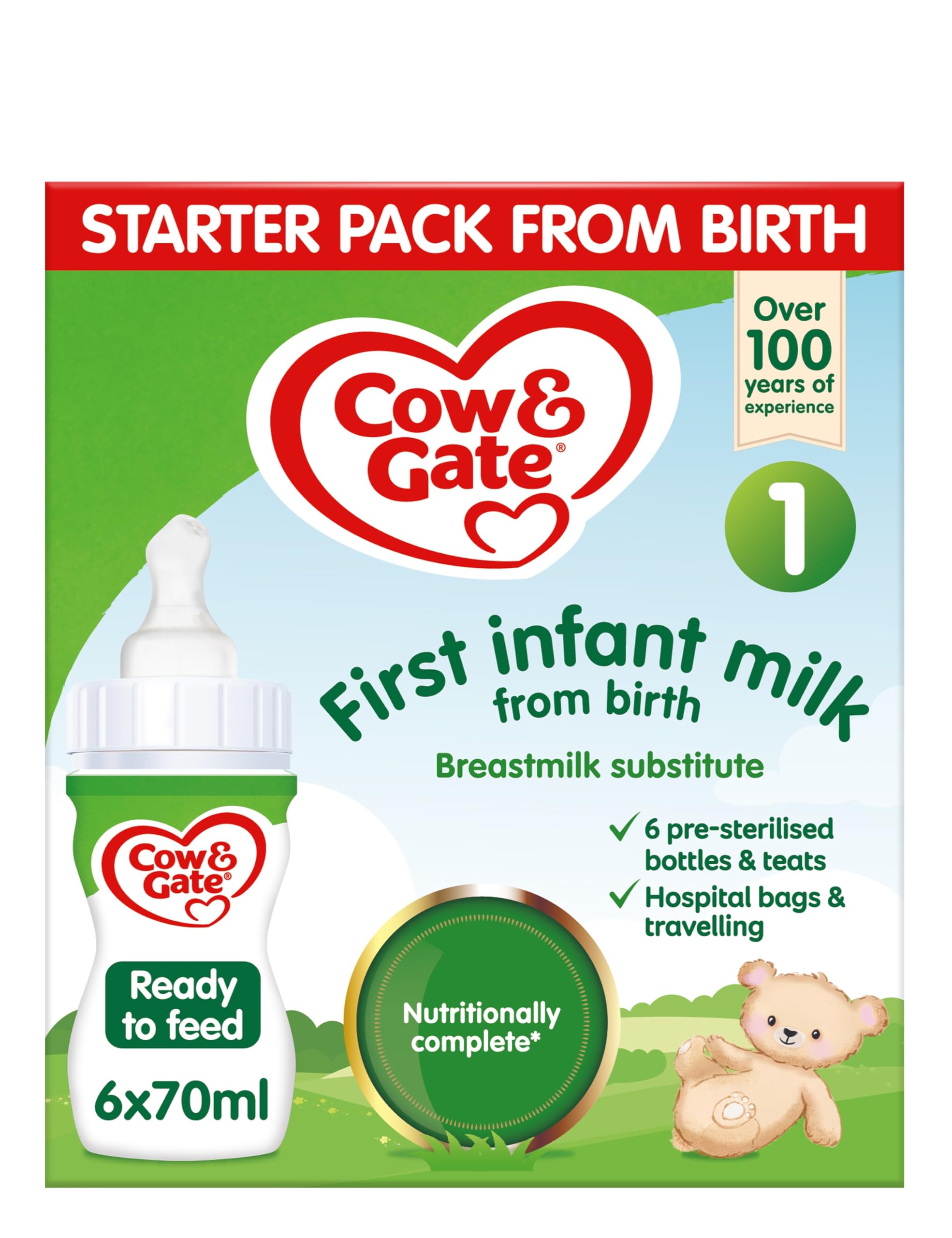 Cow &amp; Gate 1 Erstes Babymilch-Starterpaket ab Geburt – 6 trinkfertige Flaschen mit Saugern zu je 70 ml