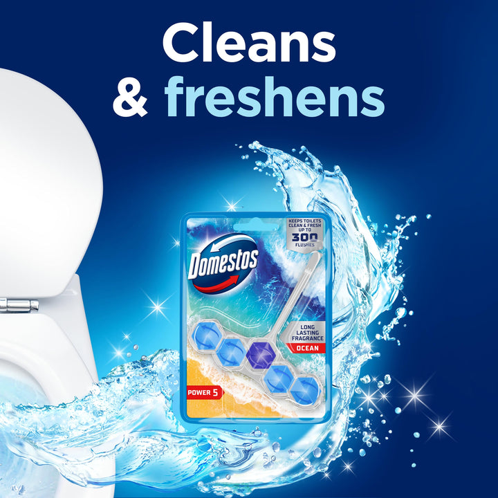Domestos Power 5 Ocean Toilet Rim Block - Long-Lasting Toilet Freshener for Up to 300 Flushes