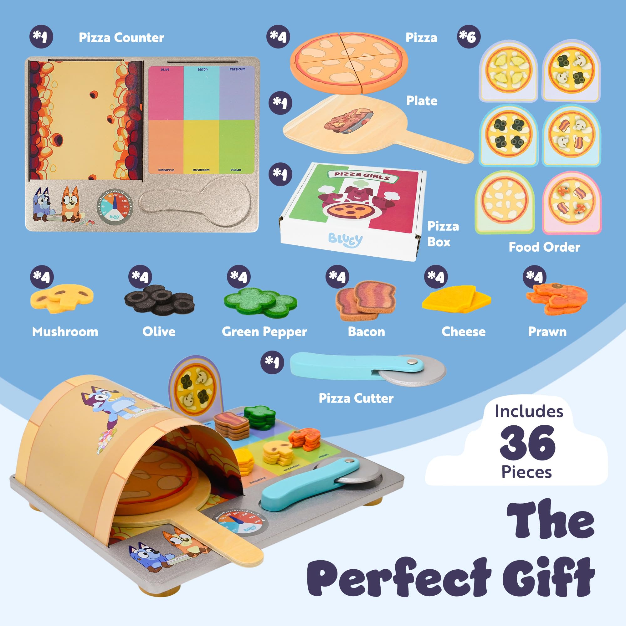 Bluey Pizza Girls Set - 35-Piece Wooden Pretend Play Food Set 9