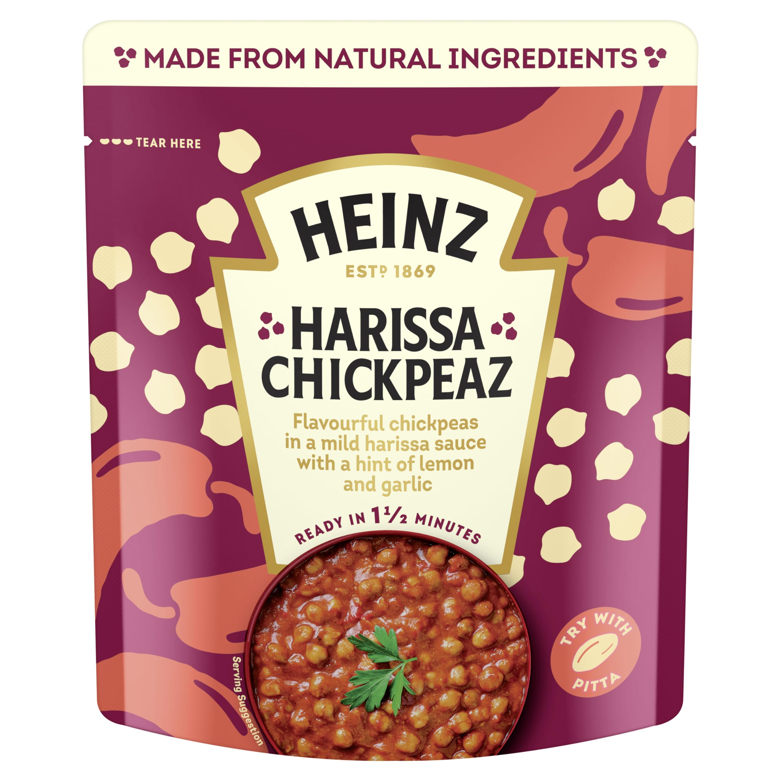 HEINZ Harissa Chickpeas with Peppers and Garlic - Instant Meal for One | Ready in 1.5 Mins | Source of Protein 2