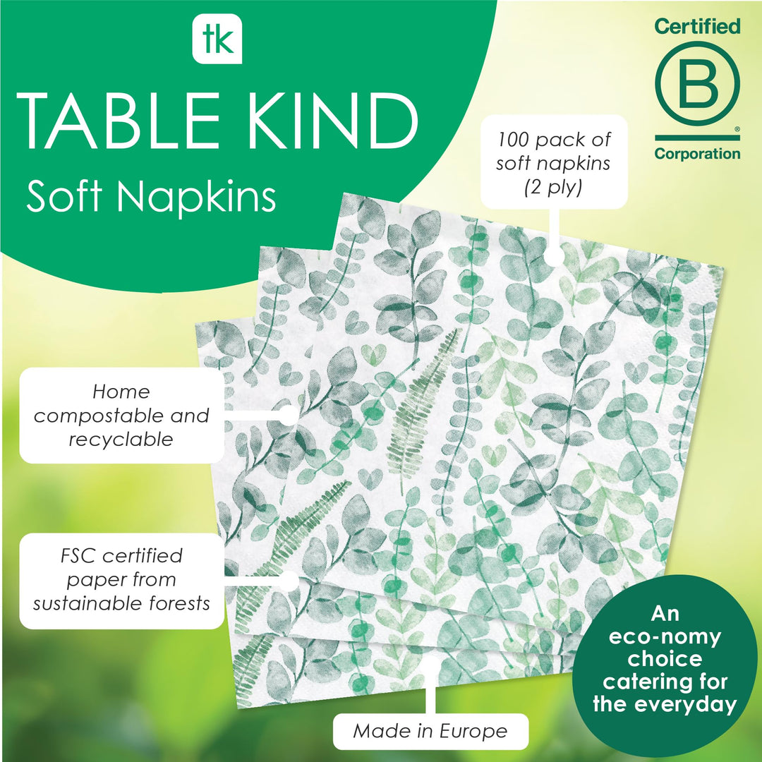 Talking Tables Green Leaves 2-Ply Soft Paper Napkins 100-Pack Eco-Friendly Compostable Disposable 33cm