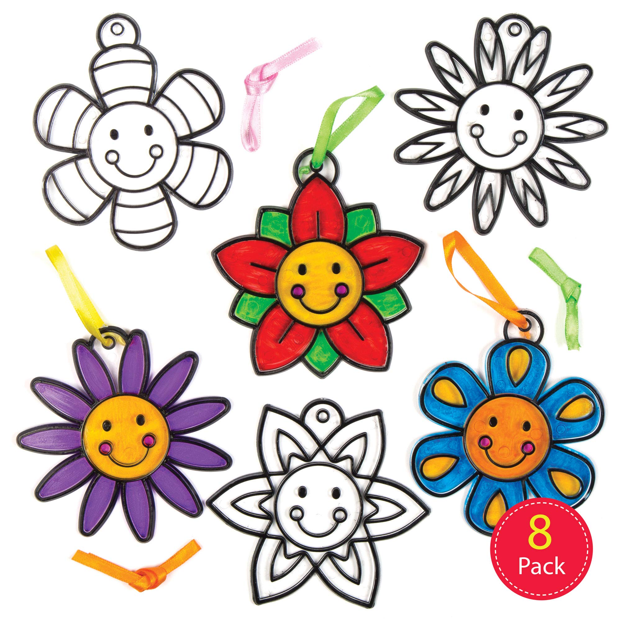 Baker Ross Smiley Flower Suncatcher Crafts Kit - Acrylic, Pack of 8 | 3 Inch Wide