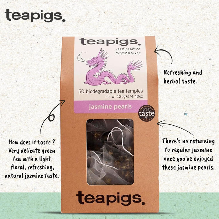 teapigs Jasmine Pearls Green Tea - Hand-Rolled Jasmine Infused Tea Bags, 50 Biodegradable Tea Temples