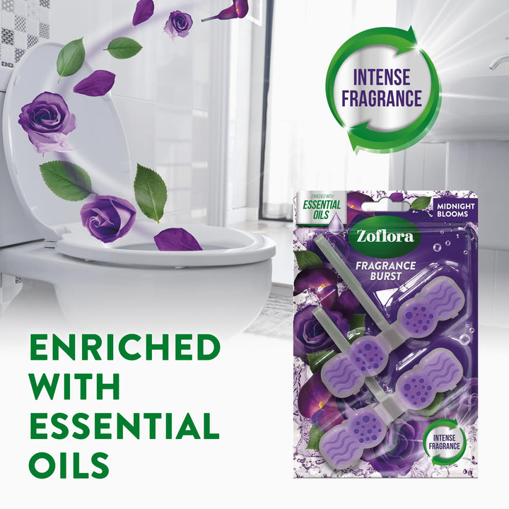 Zoflora Midnight Blooms Toilet Rim Blocks (Pack of 2) - Continuous Freshness with Essential Oils