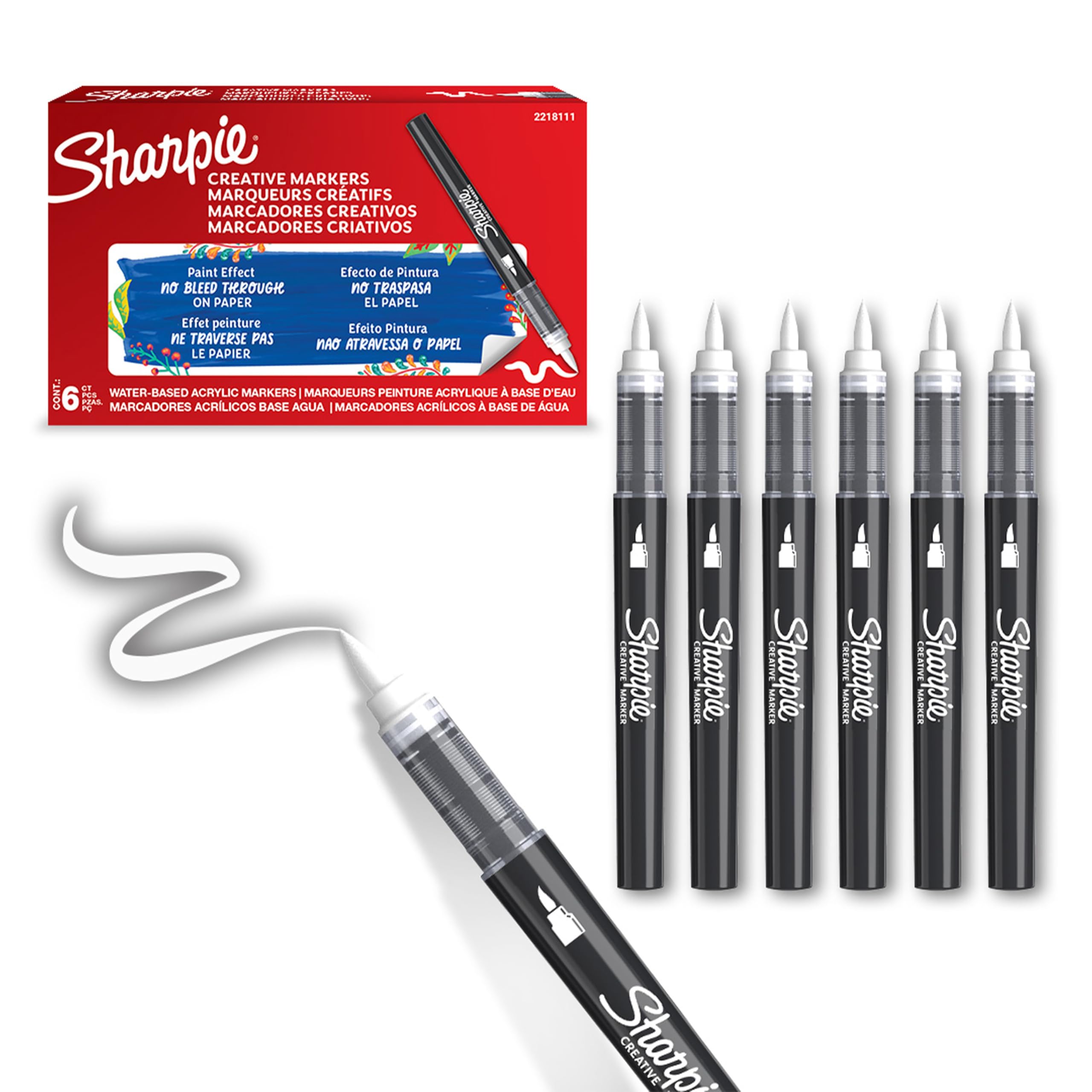 Sharpie Creative Marker Acrylic Paint Pens - Brush Tip, Water-Based Ink, White, Writes on Most Surfaces, 6 Count