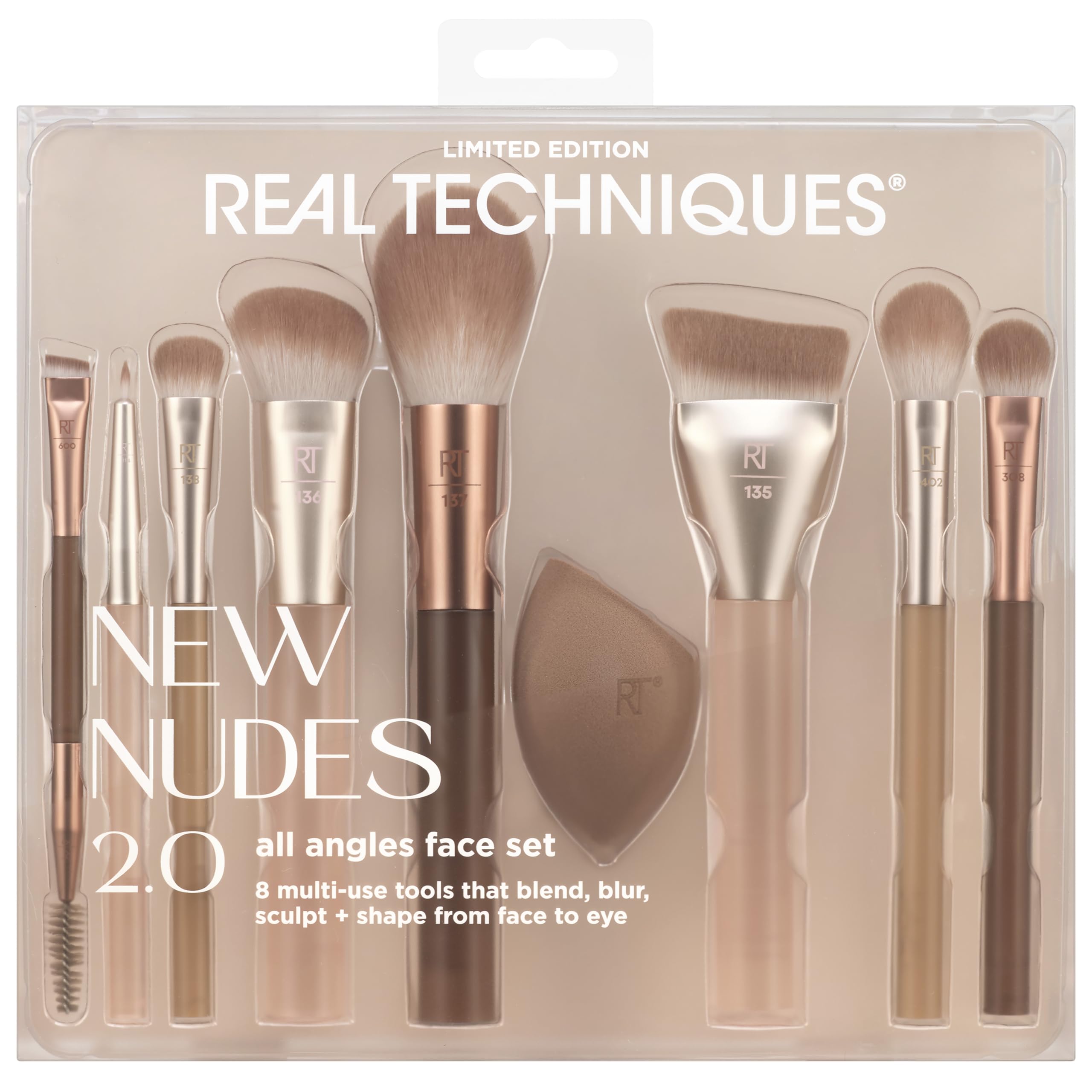 REAL TECHNIQUES New Nudes 2.0 All Angles Face 10 Piece Set | Face & Eye Brushes & Sponge