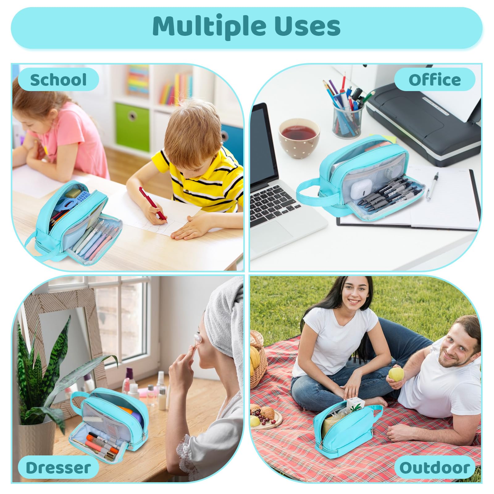 Alyvisun Large Capacity Pencil Case - 3 Compartments, Blue Canvas, Zipper Closure | Handle Strap 6