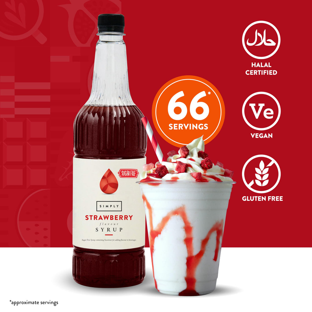 Simply Sugar Free Strawberry Syrup 1 Litre - Low Calorie Beverage Syrup for Drinks & Baking