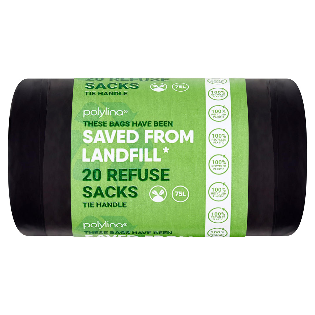 Polylina 75 Litre Tie Handle Black Bin Liners - 20 Pack Recycled Plastic Refuse Sacks