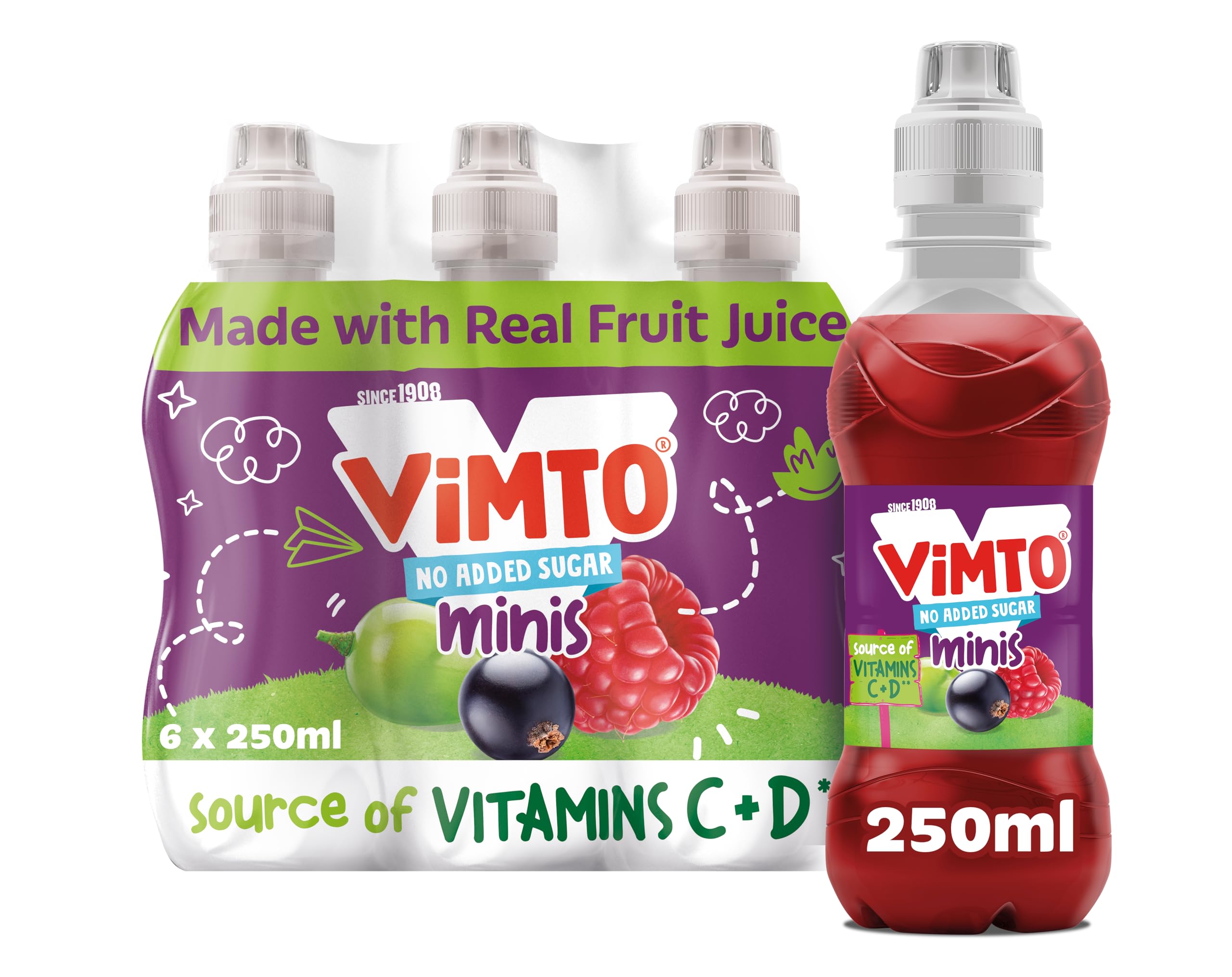 Vimto Kids Juice Drink - No Added Sugar Grape, Blackcurrant & Raspberry | 6 x 250ml Bottles