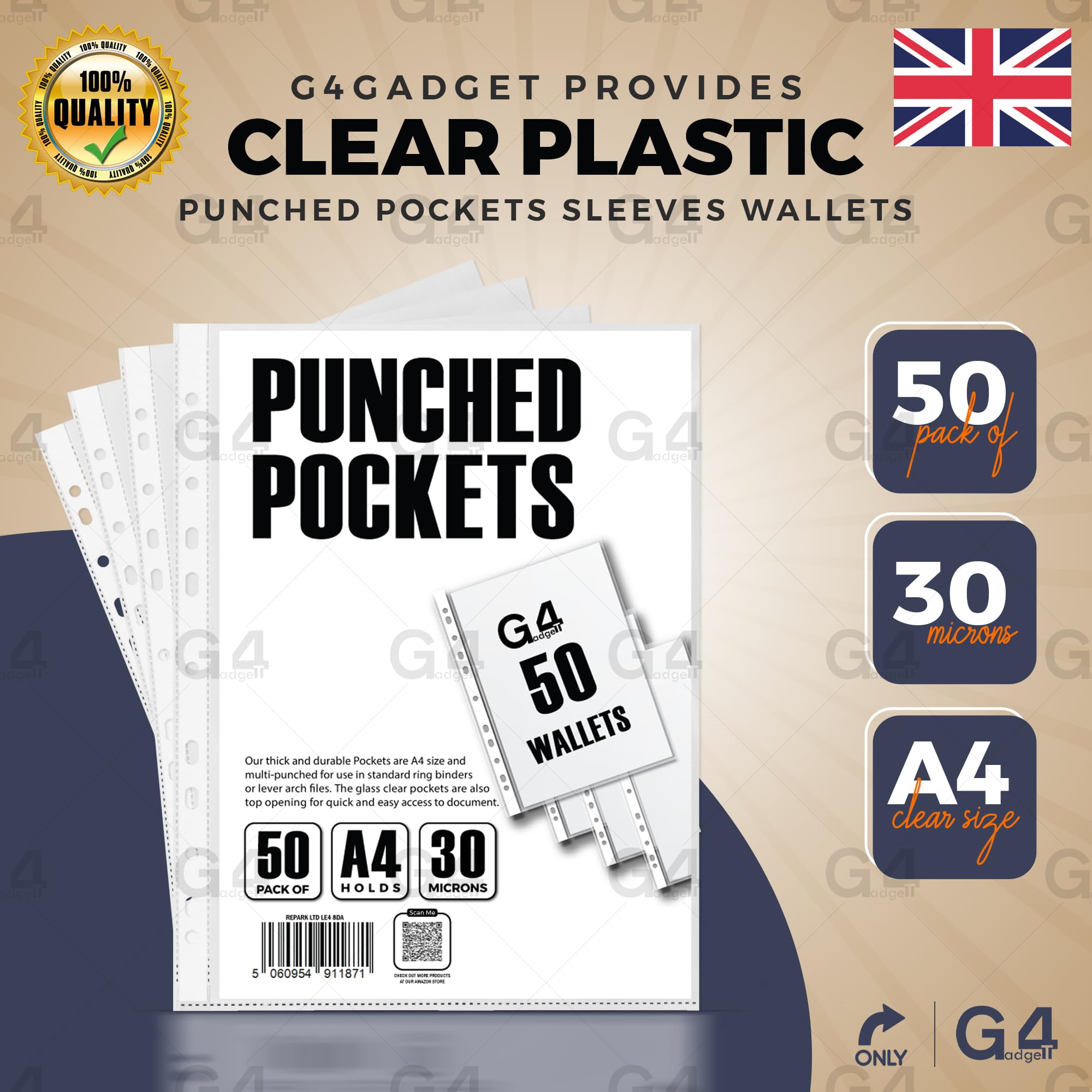 G4GADGET Pack of 50 A4 Clear Plastic Punched Pockets Folders with Frost Finish