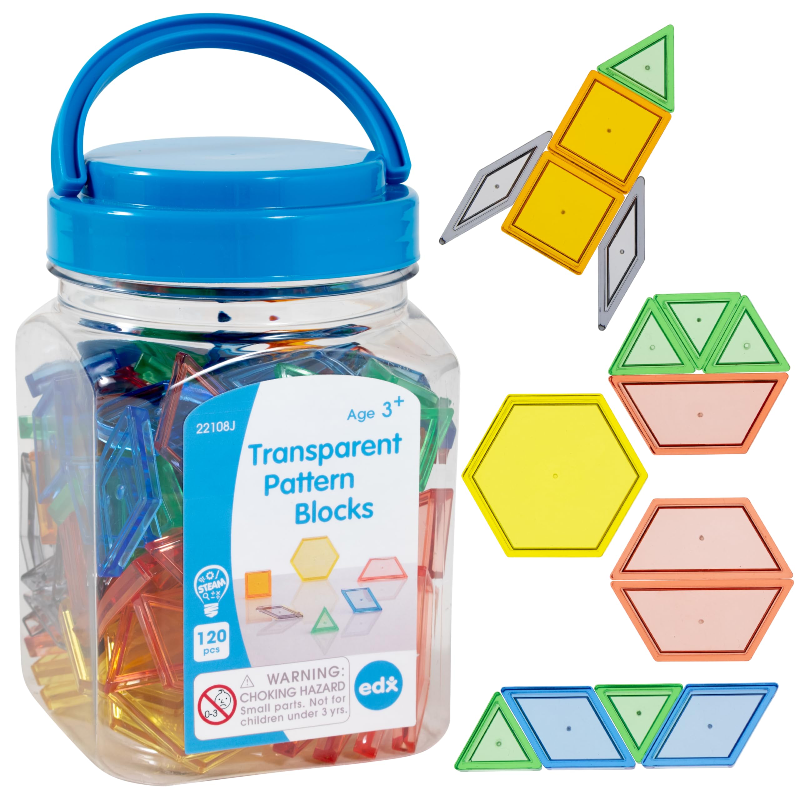 edxeducation Plastic Transparent Pattern Blocks Set - 120 Pieces | Light & Color Exploration | Non-Toxic