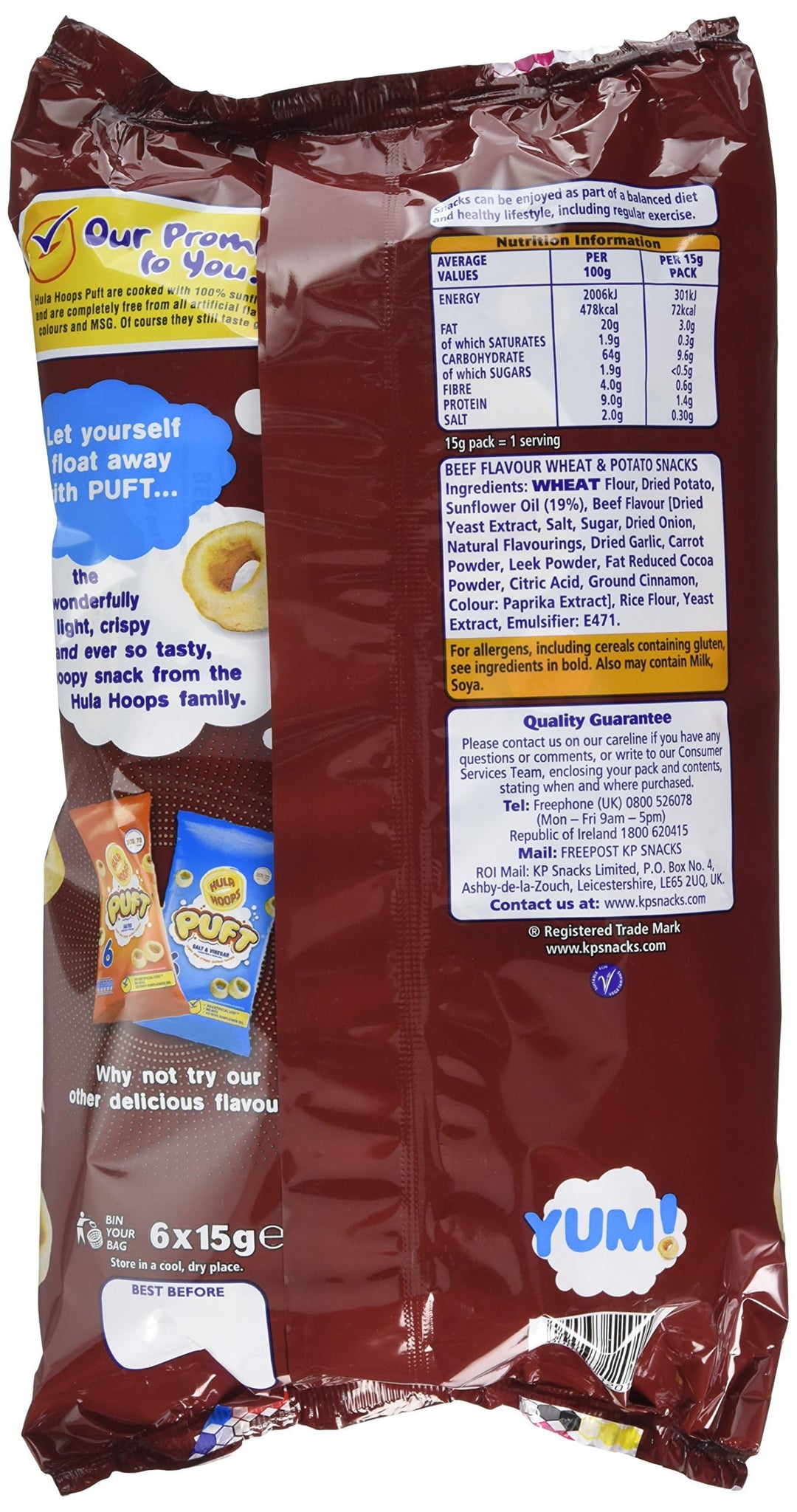 Hula Hoops Puft Beef Flavour Multipack - 6 x 15g | Light & Crispy Puffed Snacks Cooked in Sunflower Oil
