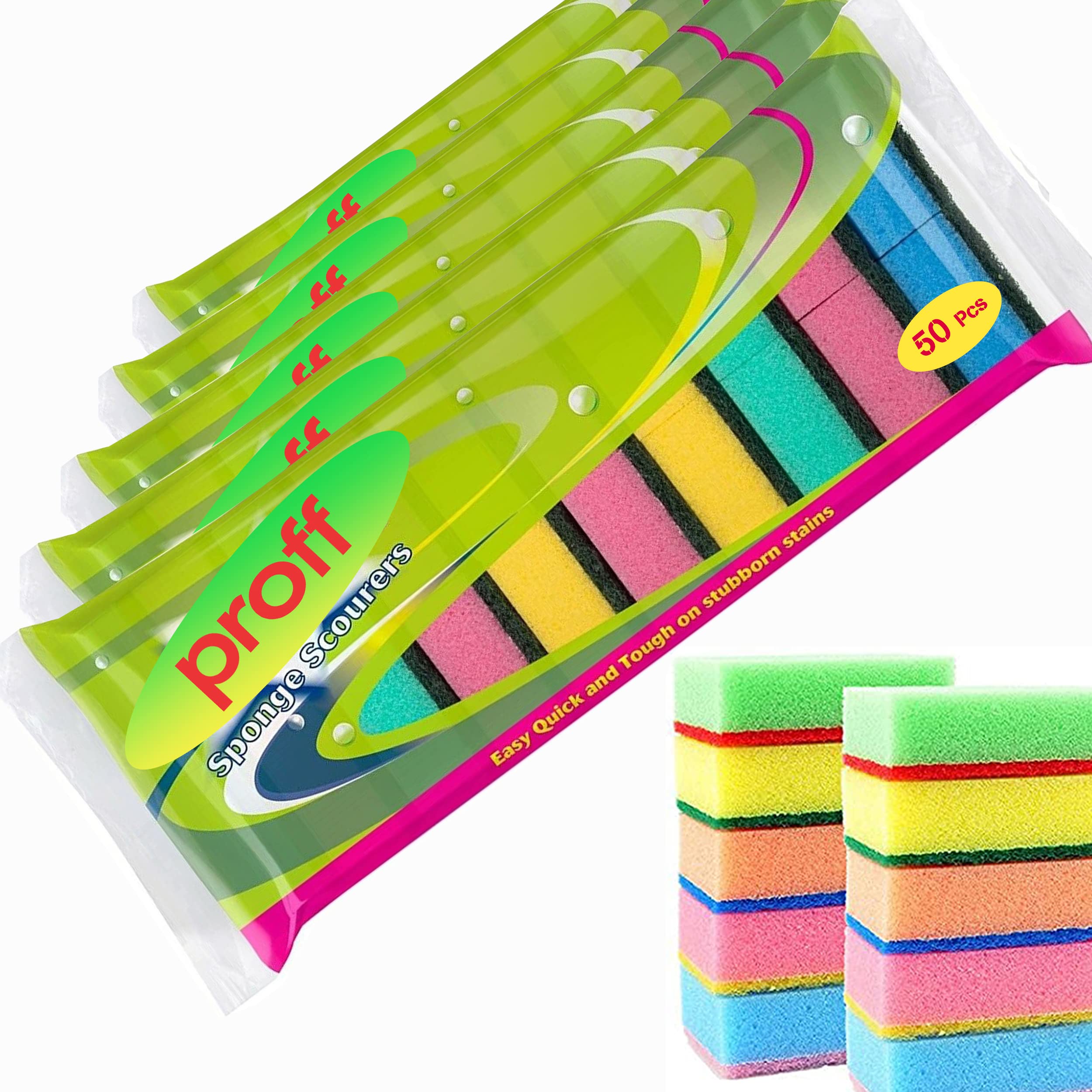 Proff Cleaning & Washing up Sponge Scourers - Pack of 50 | Foam | Mix Colours 1