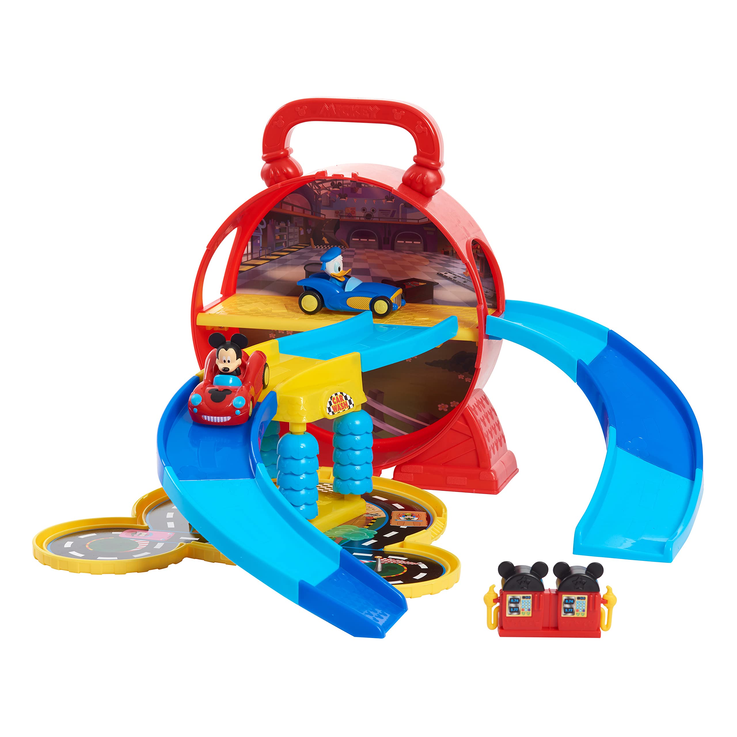 Disney Mickey Mouse Stow ’n Go Garage Playset with 2 Diecast Vehicles | Portable | Ages 3+
