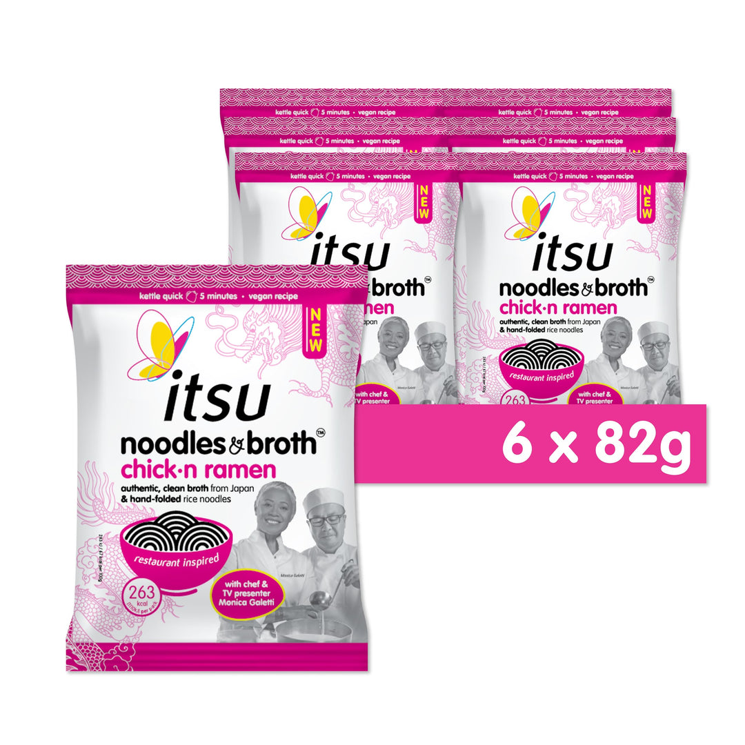 Itsu Chickn Noodles & Broth Pouch 82g - Pack of 6 | Gluten Free Vegan Instant Noodles