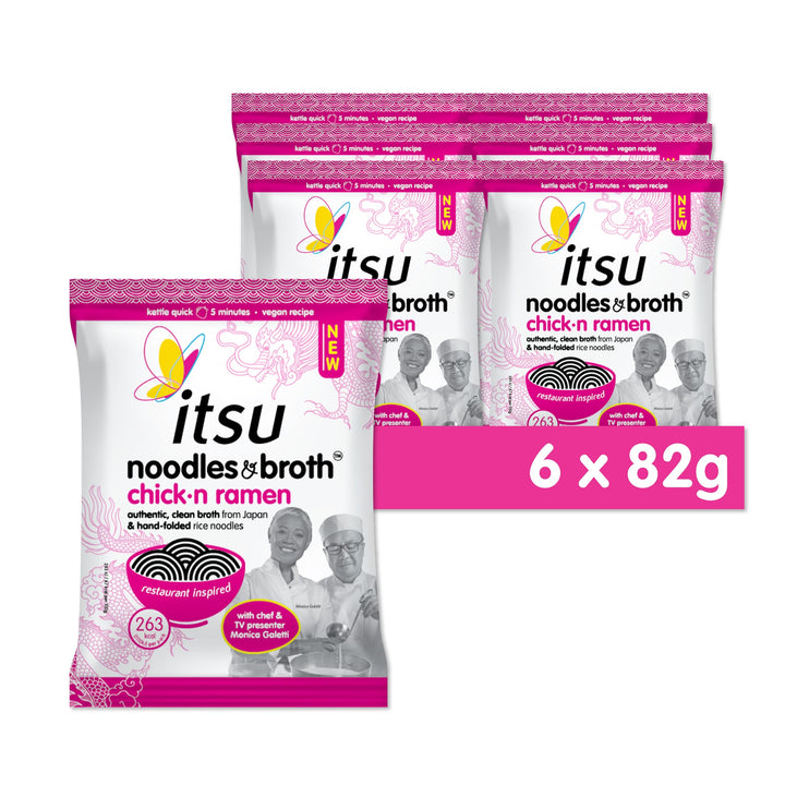 Itsu Chickn Noodles & Broth Pouch 82g - Pack of 6 | Gluten Free Vegan Instant Noodles