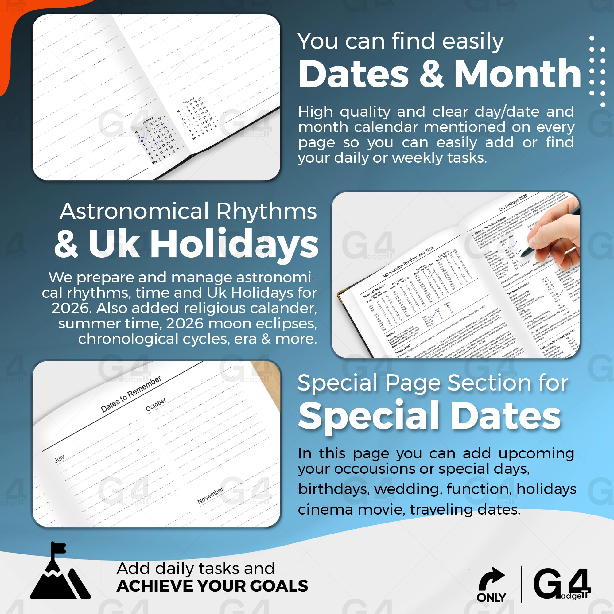 G4GADGET 2026 A5 Week to View Diary Gilt Edges Hardback Black 6