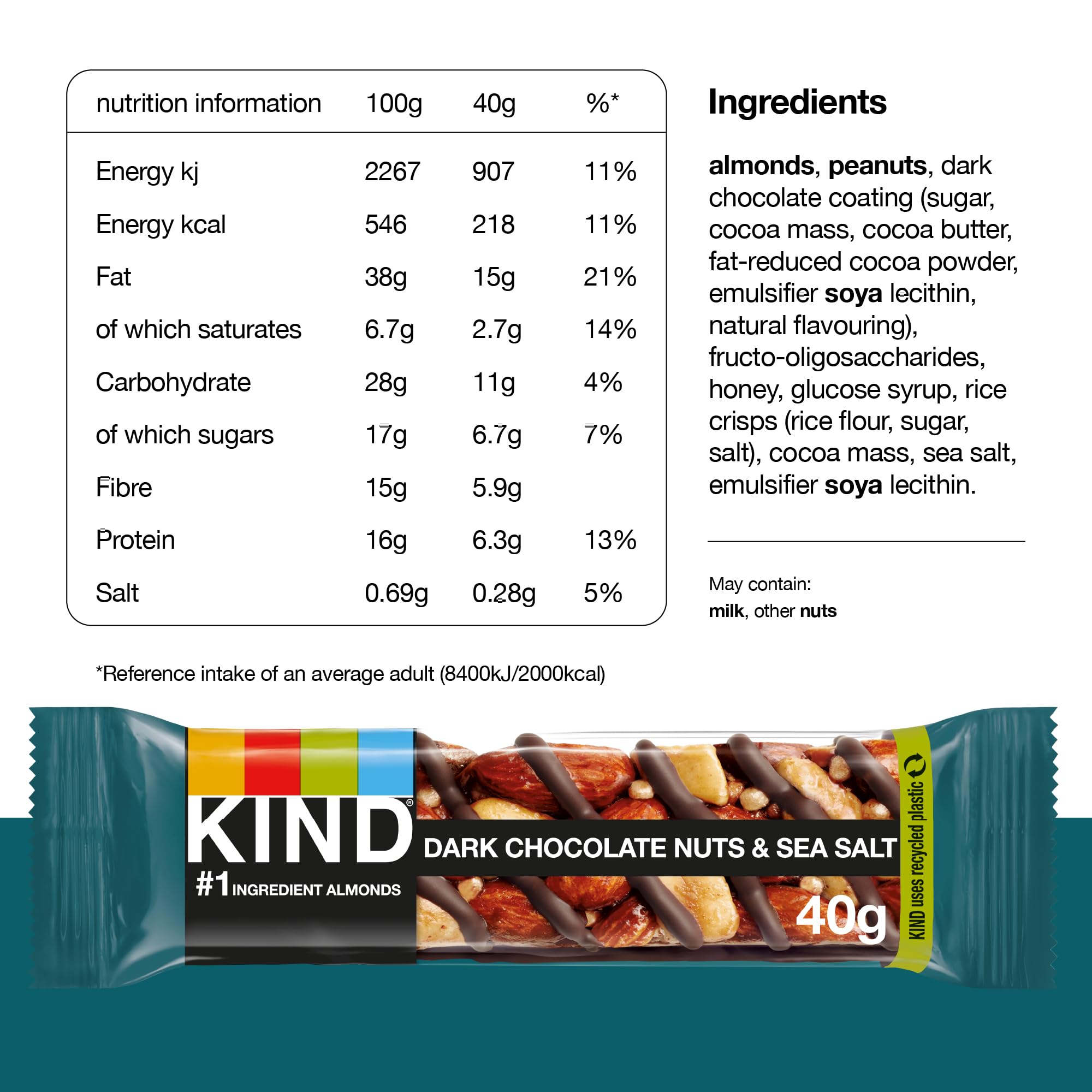 KIND - Dunkle Schokolade, Nüsse und Meersalz, glutenfreie Snackriegel, ballaststoffreich, ohne künstliche Zutaten, 12 x 40 g 6