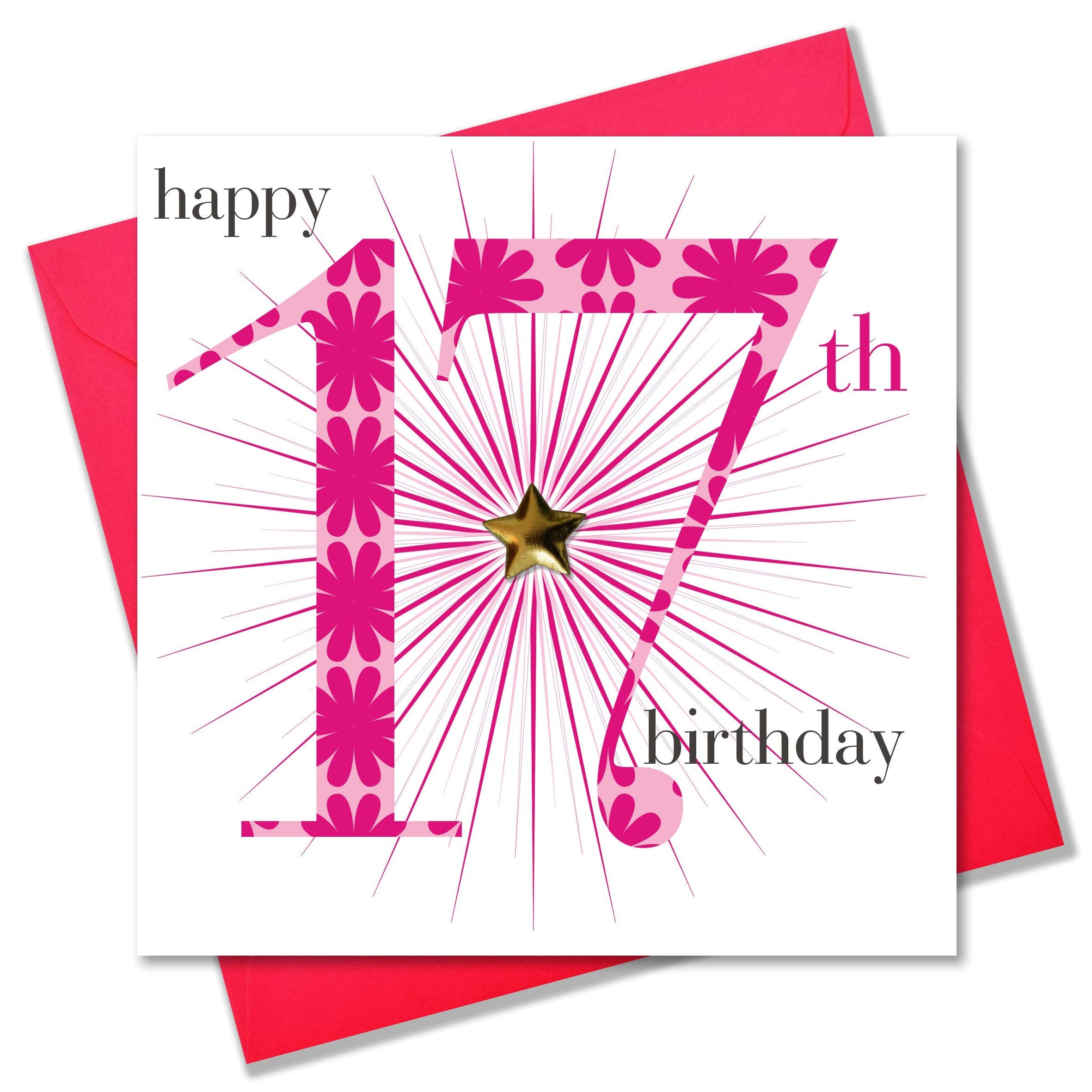Claire Giles Greeting Cards 17th Birthday Card for Girls | 150x150mm Pink Card with Gold Padded Star