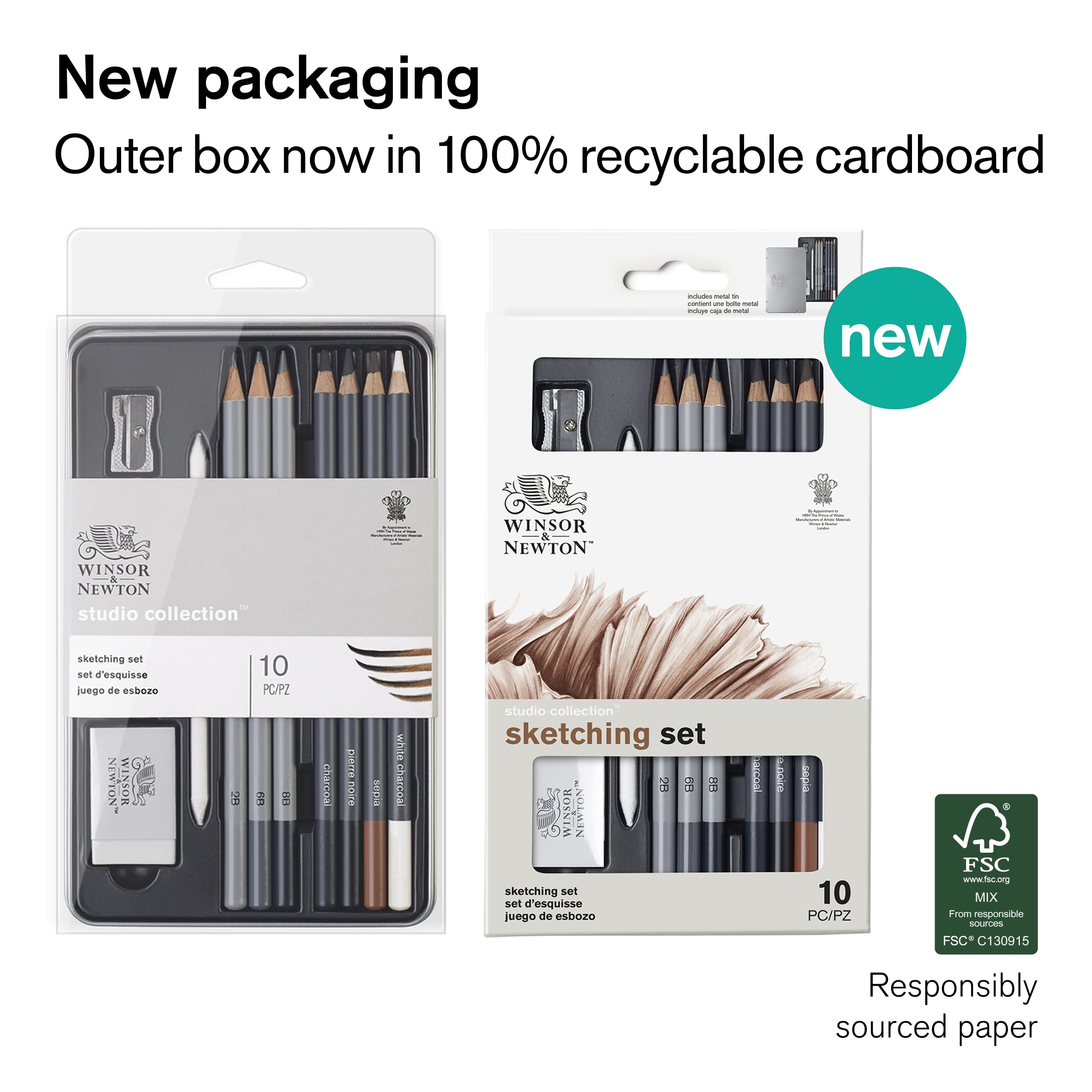 Winsor & Newton Studio Collection Sketching Pencils Set of 10 Graphite + Charcoal