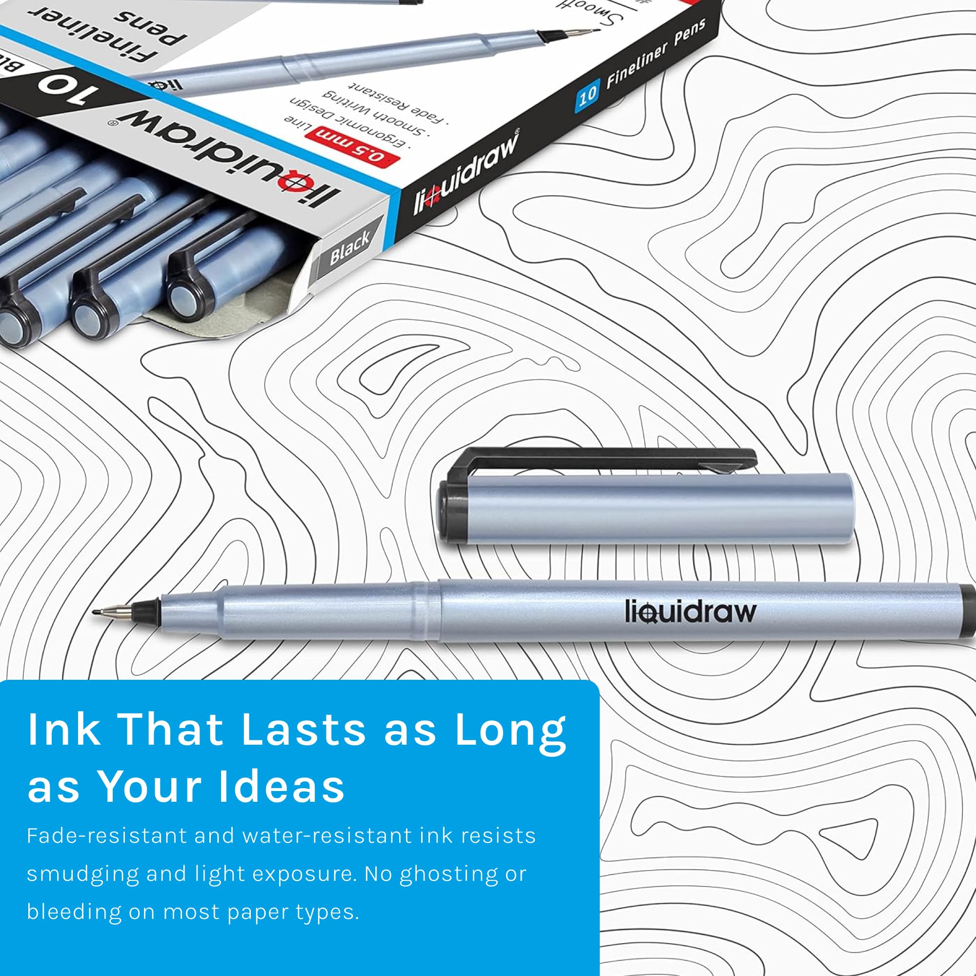 Liquidraw Fineliner Pens Set - 10 Pack Black Ink | 0.5mm Fine Point | Fade Resistant 5