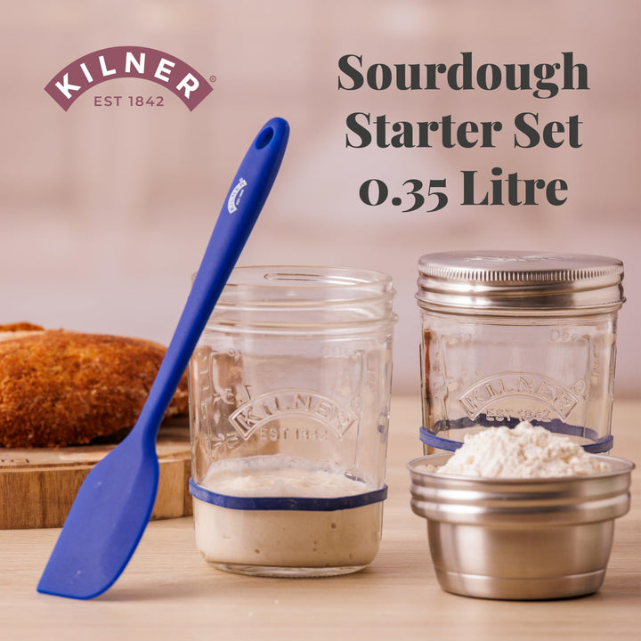 Kilner Sourdough Starter Set with 2 Glass Jars, Measuring Lid, Spatula, and Accessories