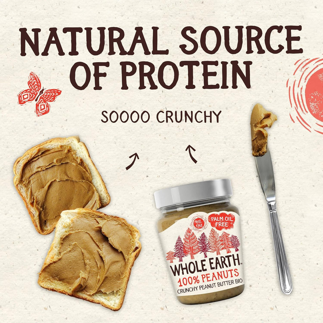 Whole Earth Organic Crunchy Peanut Butter, 6 x 227g Jars, 100% Nuts, No Added Sugar, Gluten Free, Vegan