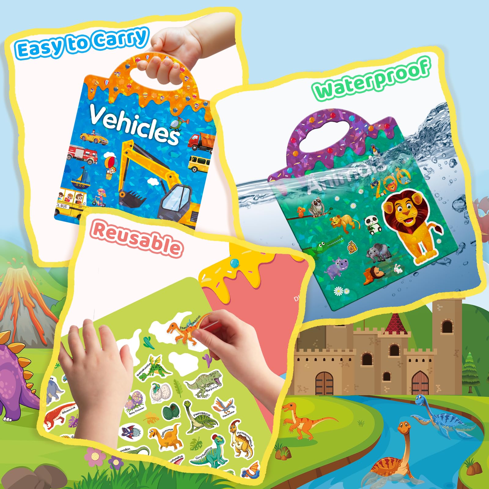 GUYUCOM Reusable Sticker Books - 4 Pack Toddler Travel Toys | Animal, Dinosaur, Space, Vehicles Themes 4