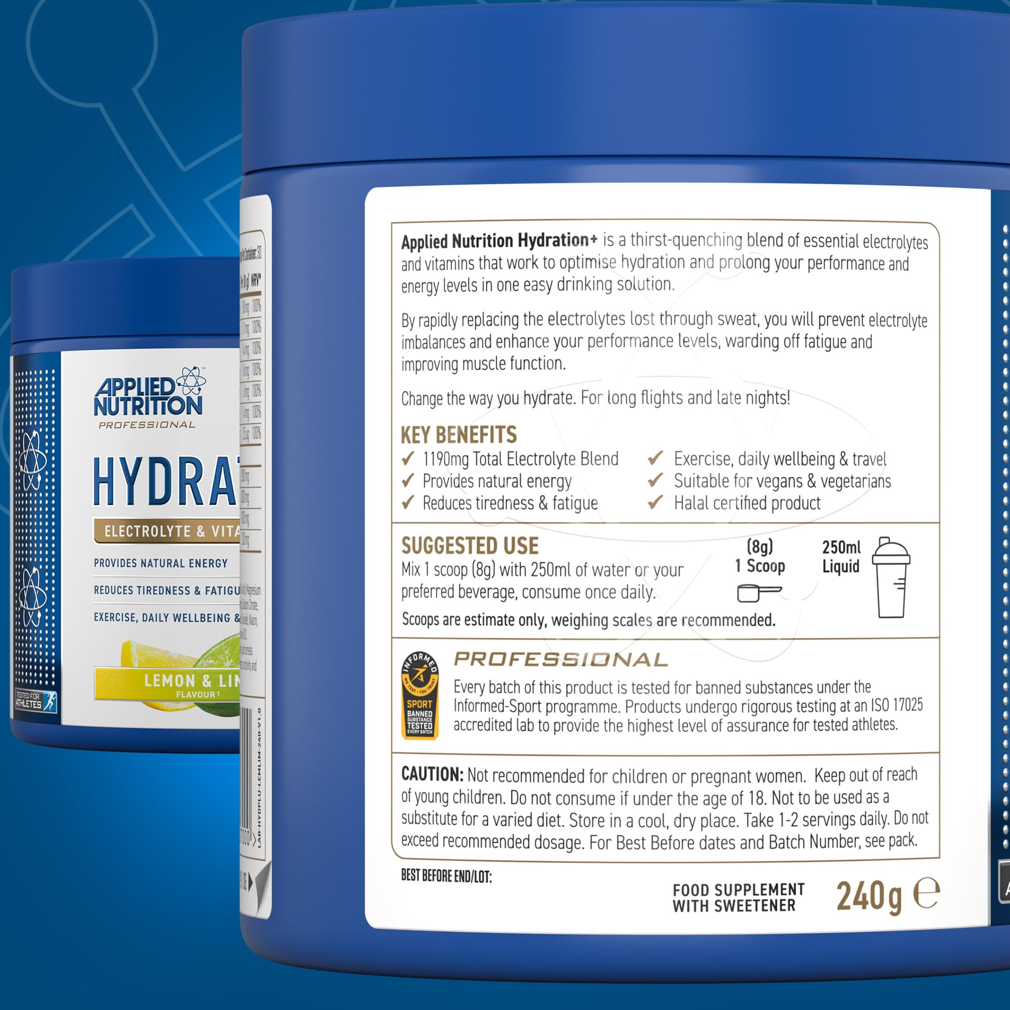 Applied Nutrition Hydration+ Electrolytes and Vitamin Powder Sugar-Free | 240g Tub | Vegan, Halal 7