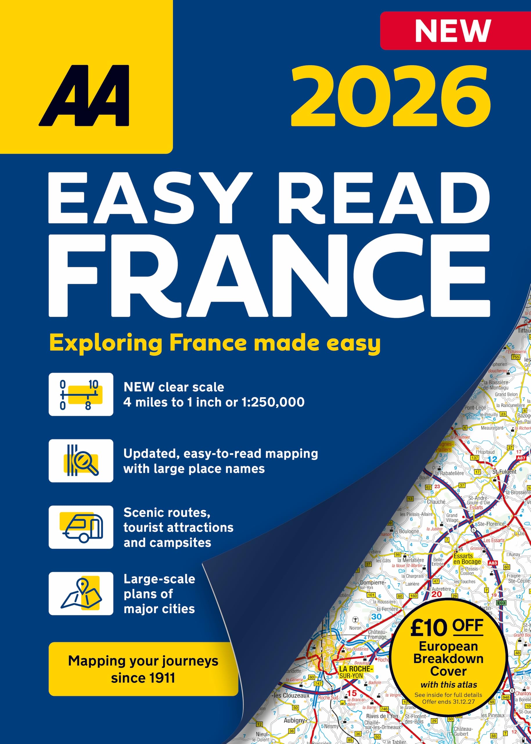 AA Easy Read France 2026 Spiral Bound Road Atlas | 1:250,000 Scale Mapping | Includes Corsica & City Plans
