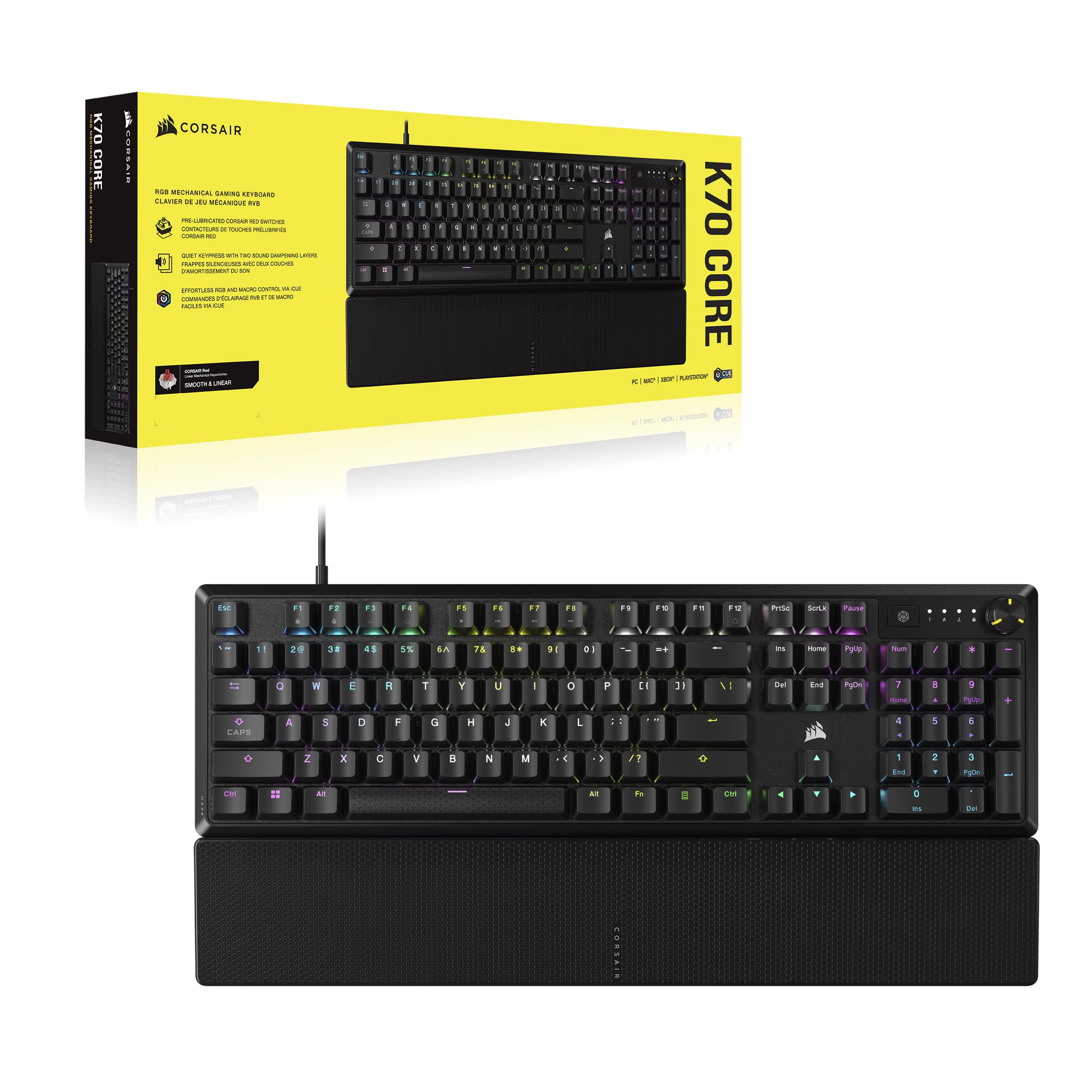 Corsair K70 CORE RGB Mechanical Wired Gaming Keyboard with Palmrest | Linear Switches | USB-A 9