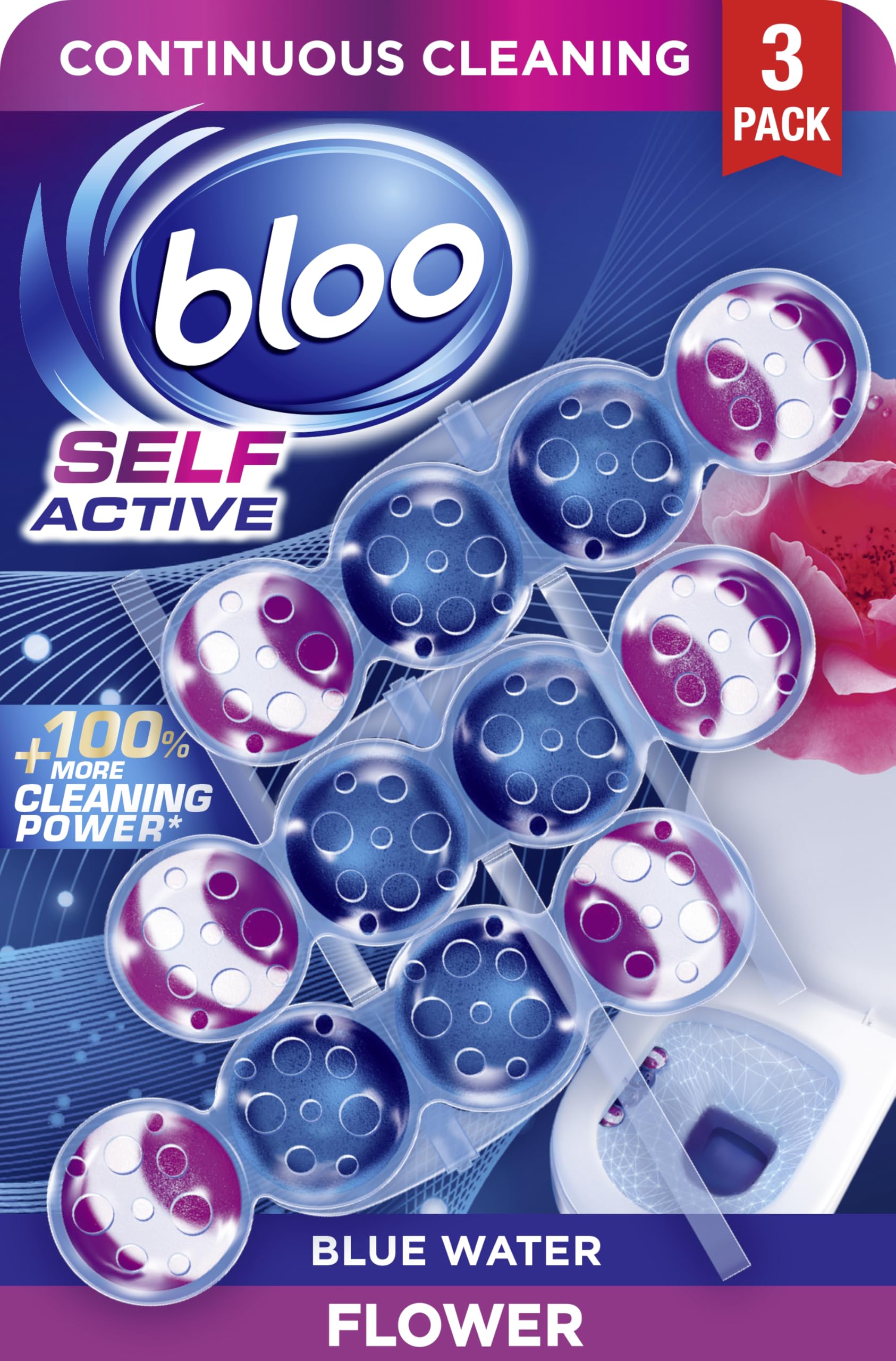 Bloo Self Active Toilet Rim Block Cleaner with Flower Scent, 4-Function Formula, Pack of 3 1