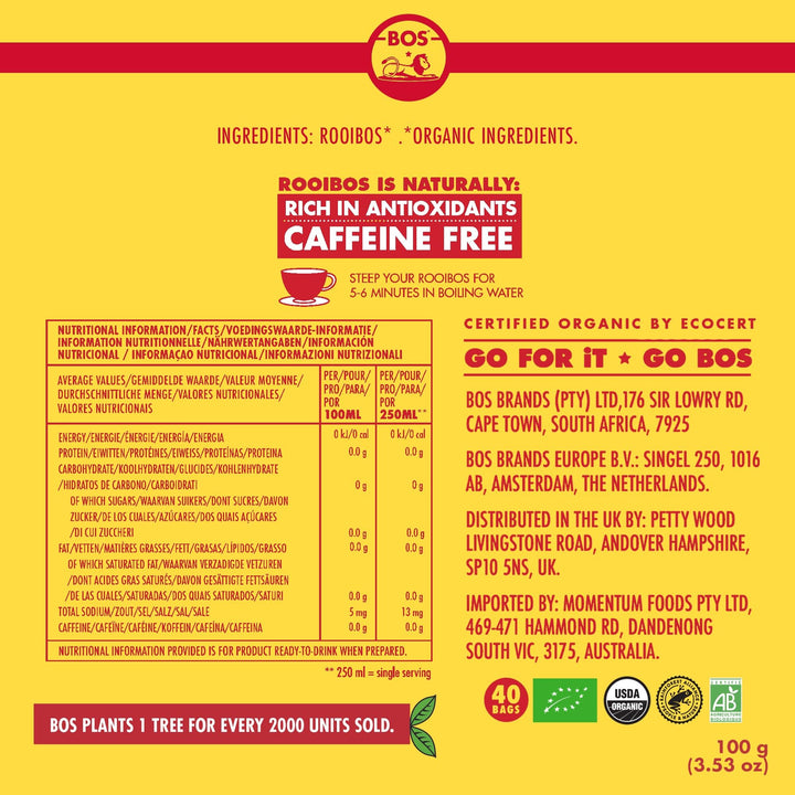 BOS Organic Rooibos Caffeine Free Tea Sachets Tin, 40 Tea Bags, 100g
