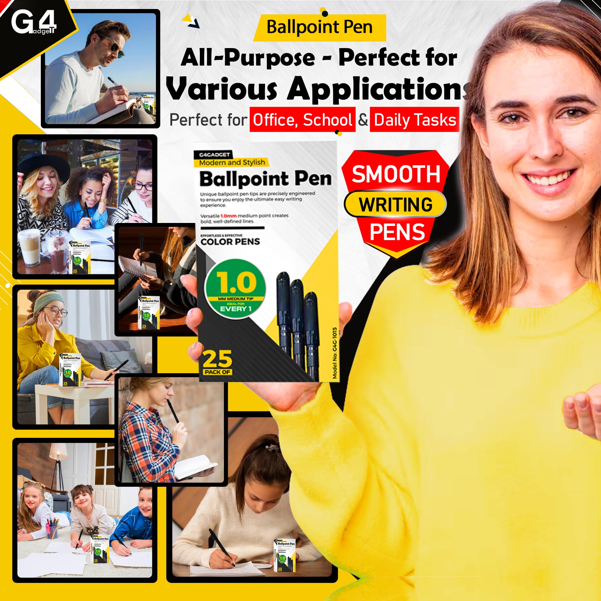 G4GADGET Ballpoint Pens - 25 Pack Black Ink, 1.0mm Medium Point, Quick-Dry | Smooth Writing 5