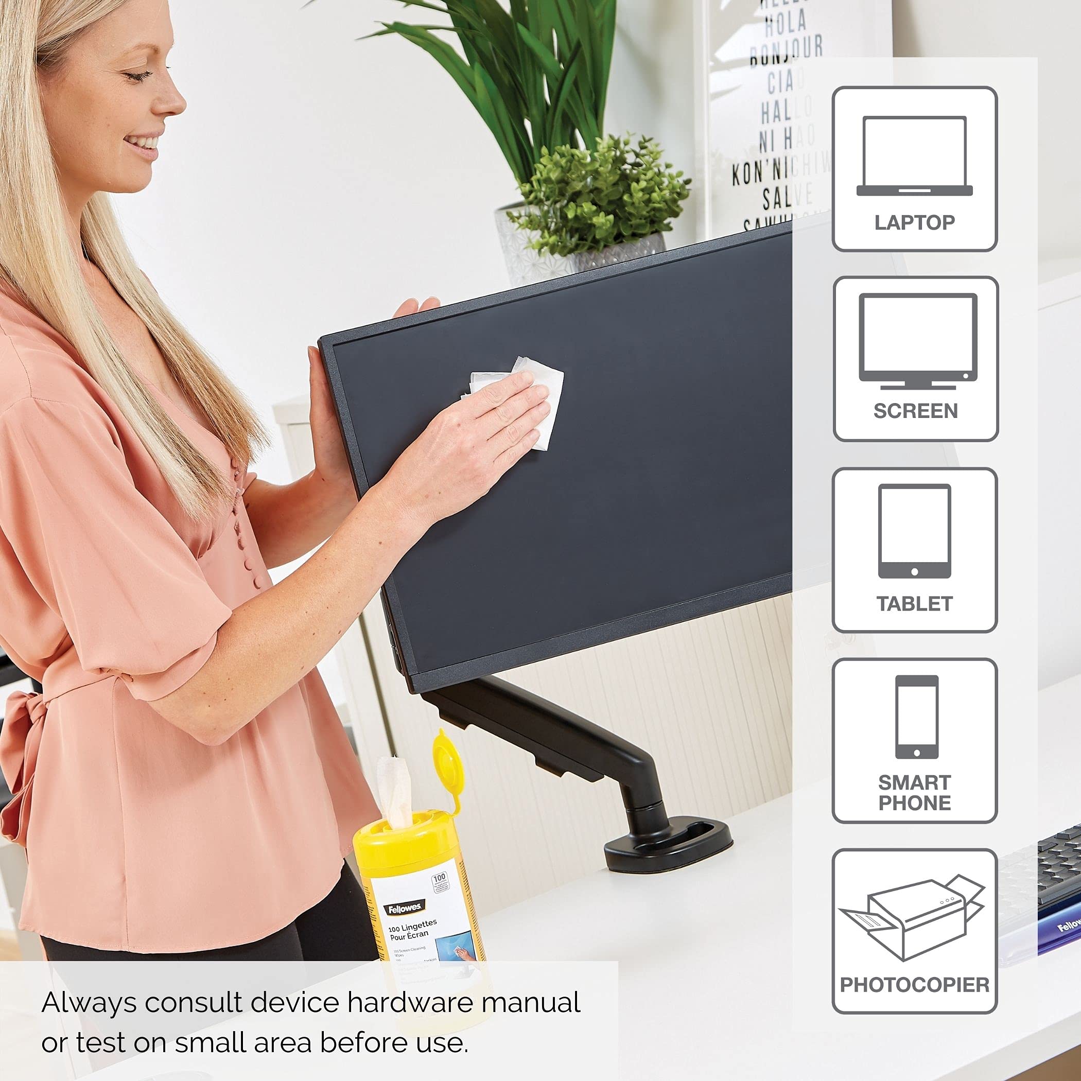 Fellowes Screen Wipes Tub - 100 Wipes, Pack of Six, Anti-Static, Non-Streak | Model 9970335 5