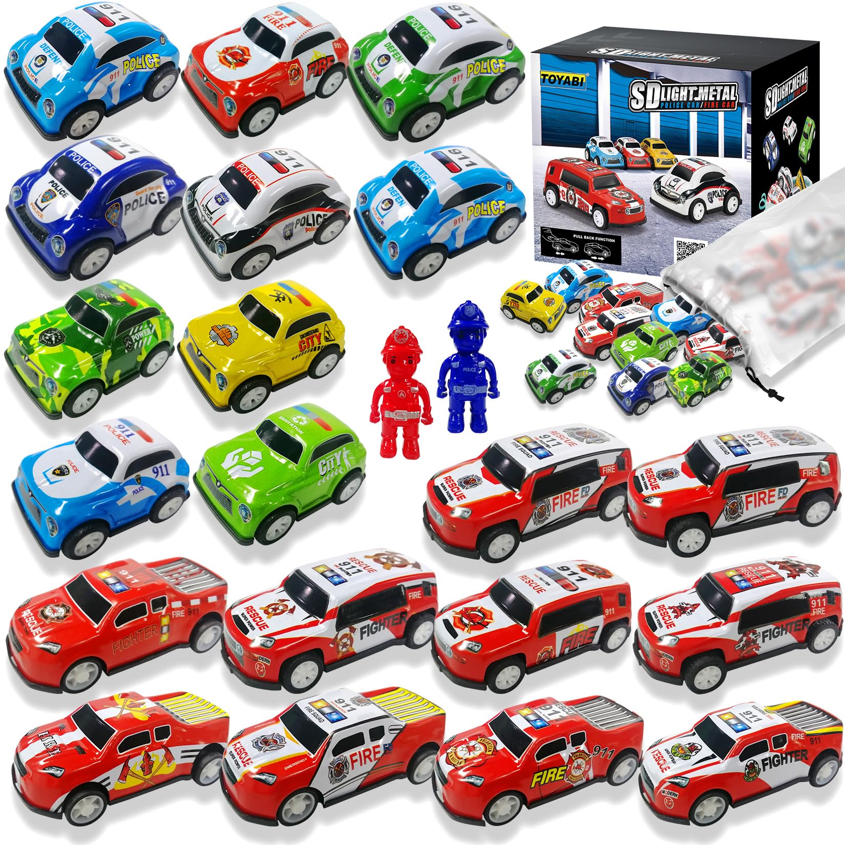 TOYABI Mini Toy Cars for Kids - 22pcs Metal Race Car Set with 2 Dolls, Pull Back Vehicles for Children 3+ 1