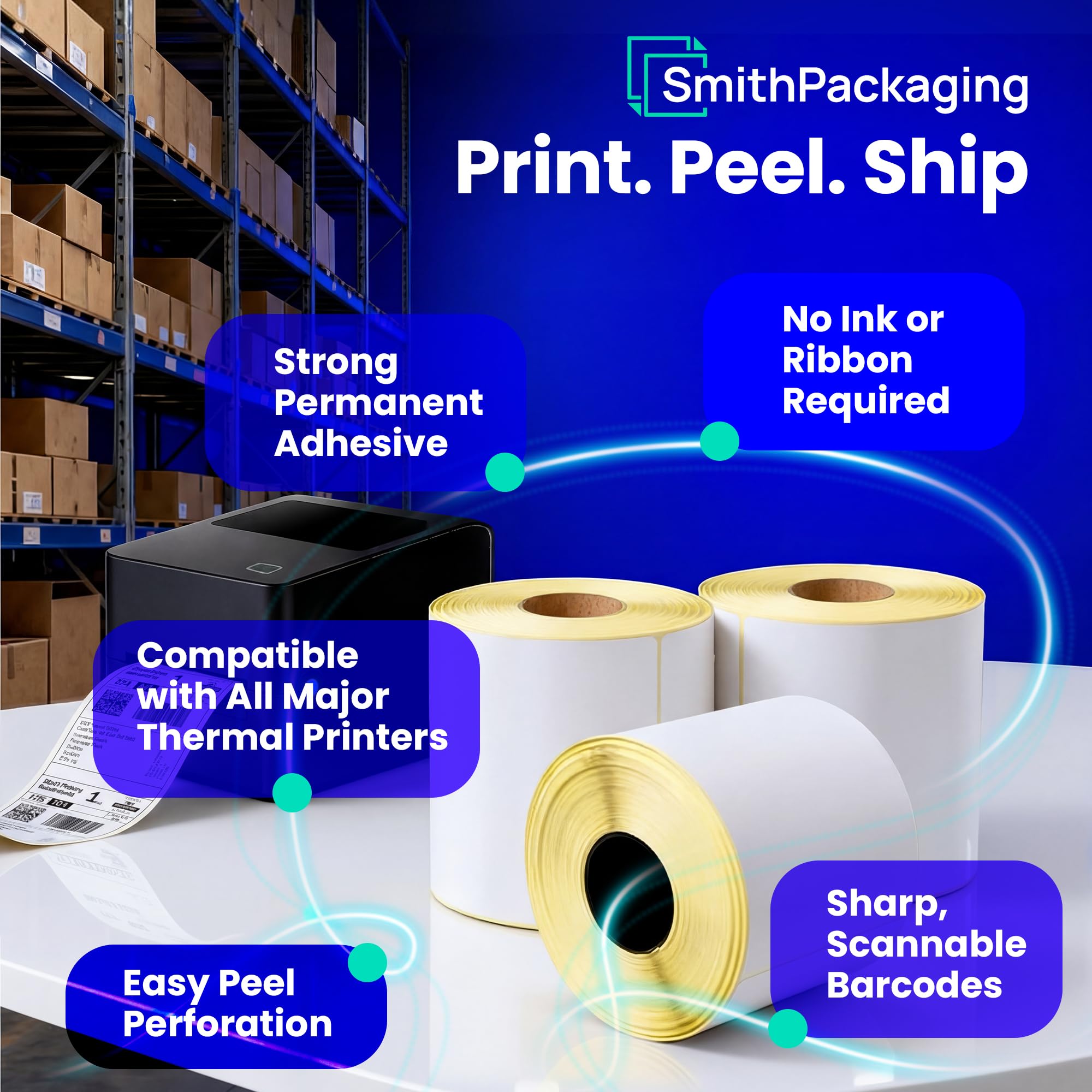 SmithPackaging Direct Thermal Shipping Labels - 100mm x 150mm (4"x6") | 500 Labels/Roll | Waterproof & Oilproof