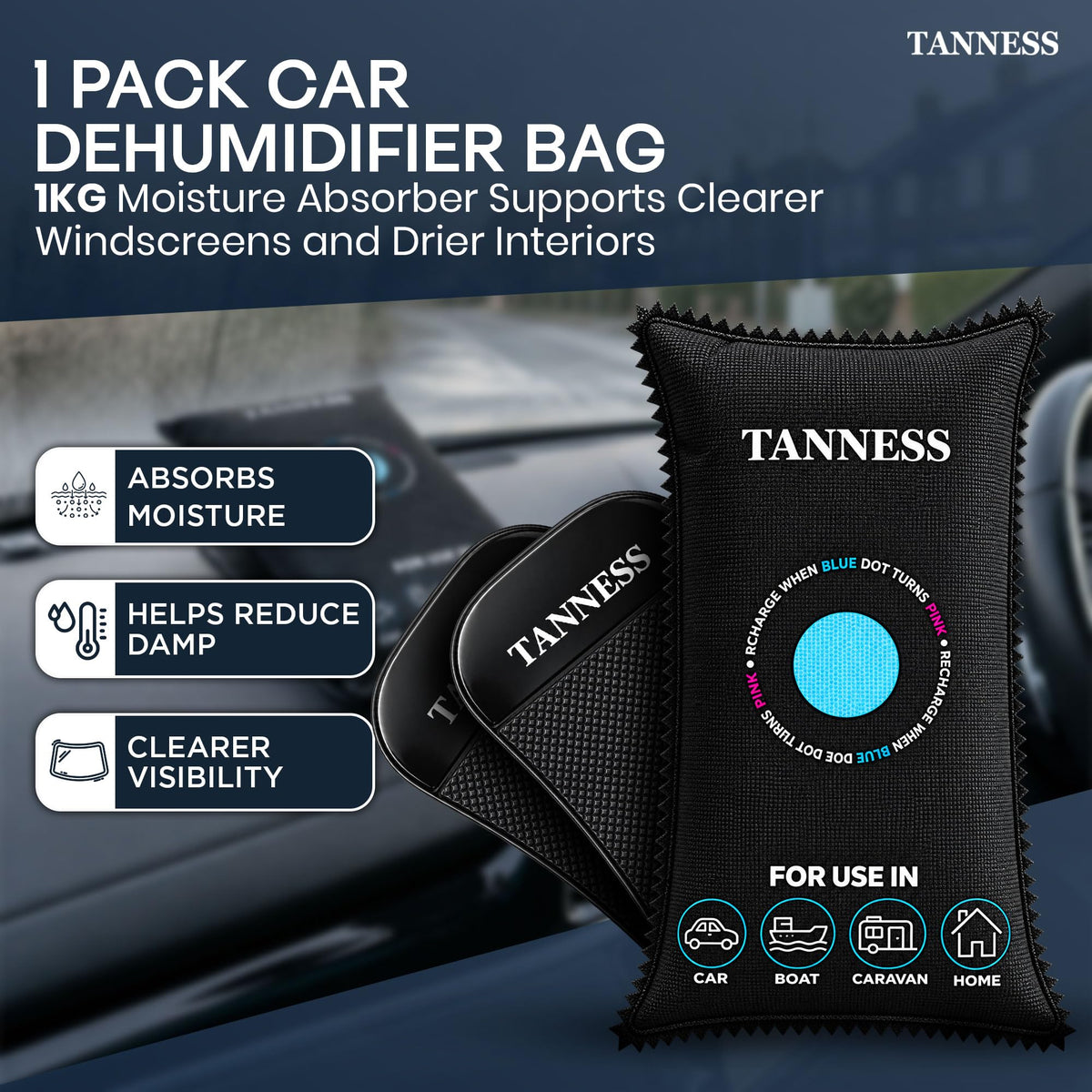 TANNESS Car Dehumidifier Bag - 1 x 1kg, Anti-Slip Pads