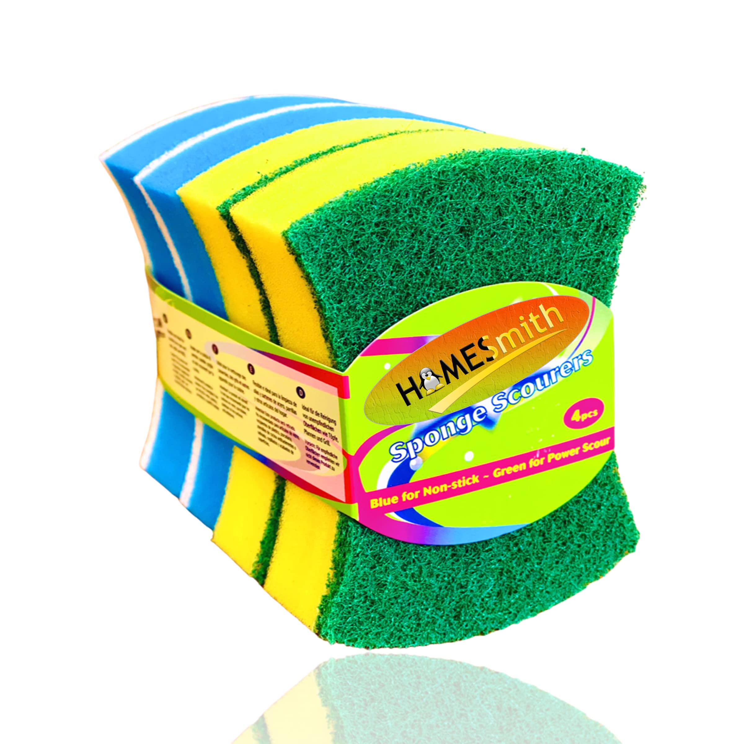 HomeSmith Heavy Duty Butterfly Washing Up Sponge Scourers - Pack of 4 | Dual-Sided Scrubbing | Yellow & Blue 1