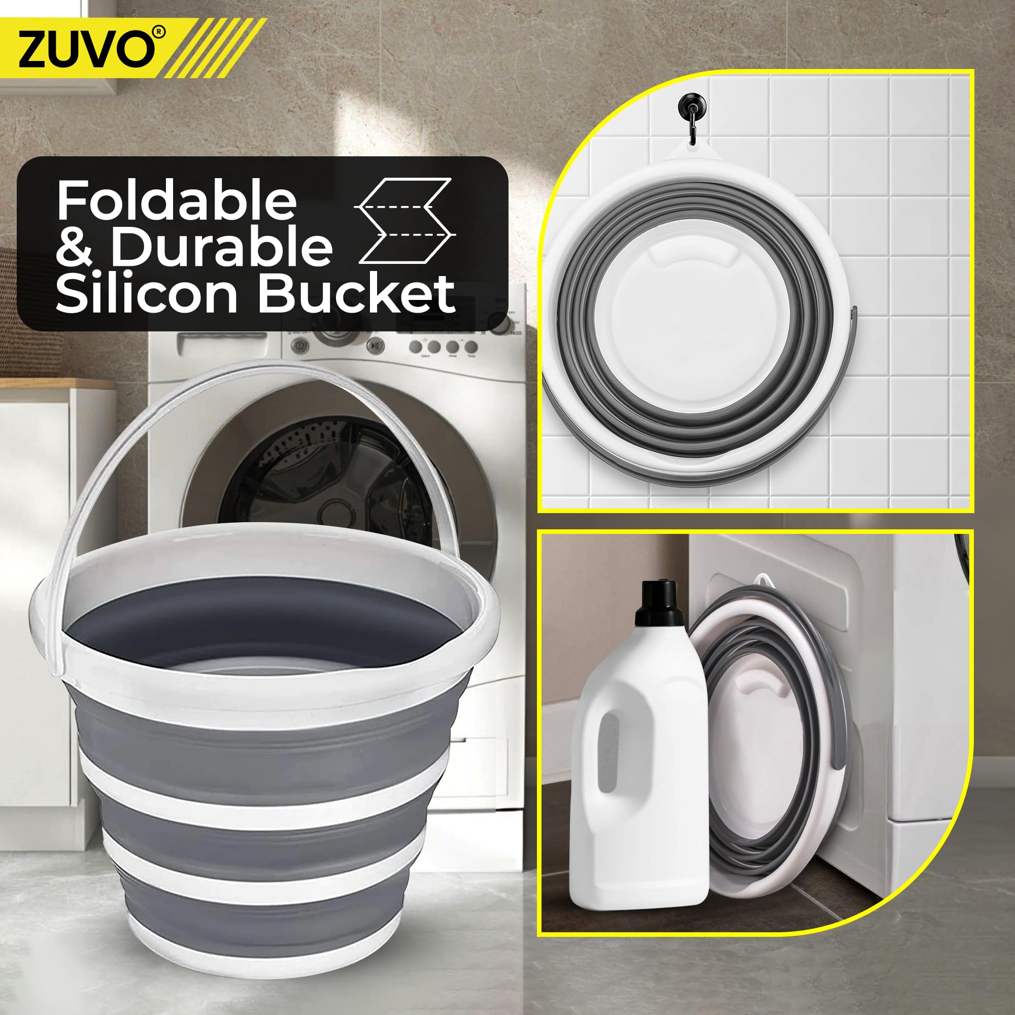 Zuvo Collapsible Bucket - 10L Capacity | Silicone Folding Design | White/Grey 5