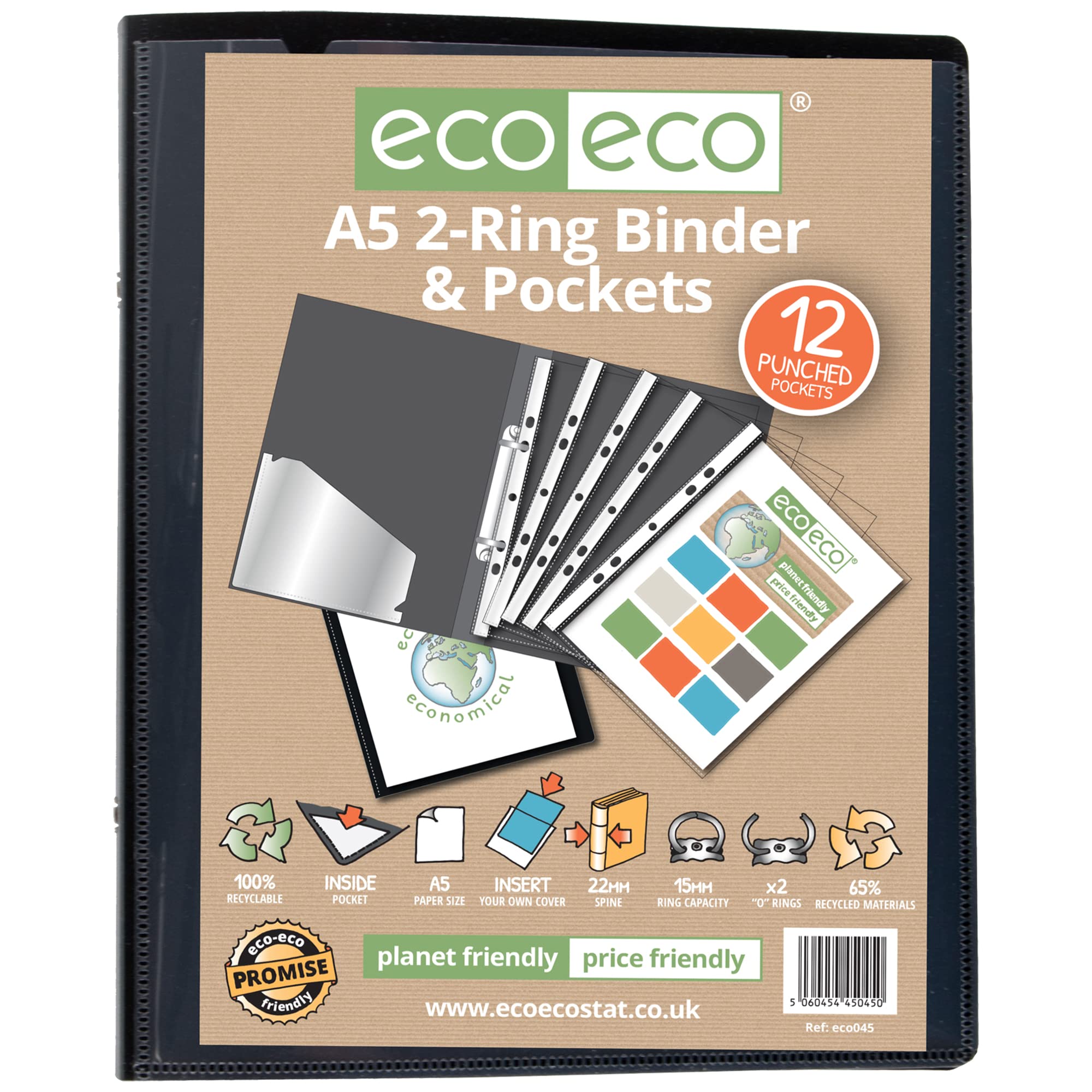 eco-eco A5 65% Recycled Presentation Ring Binder with 12 Pockets - Black, 15mm Capacity 2