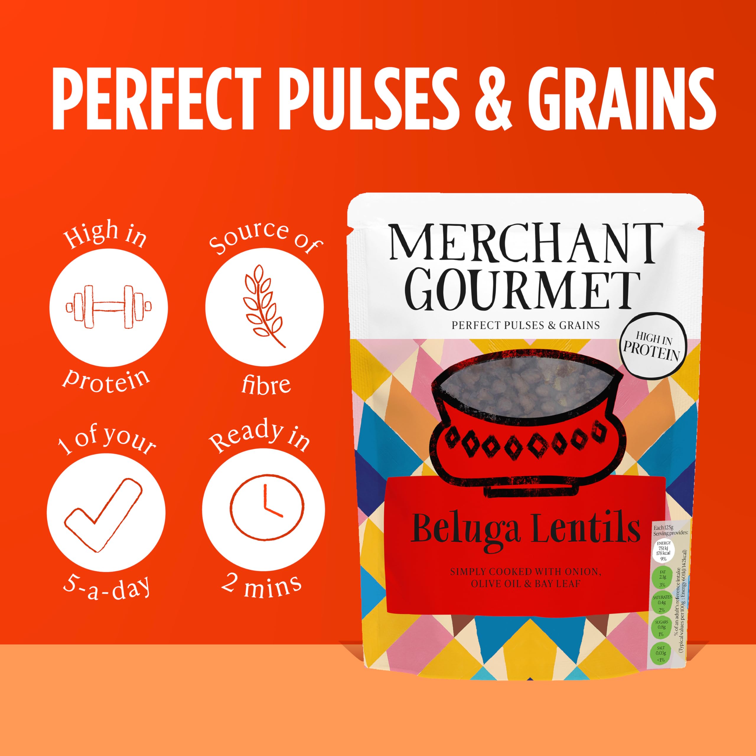 Merchant Gourmet Simply Cooked Beluga Lentils - High Protein, Low Fat | 250g Pouch | Pack of 6 3