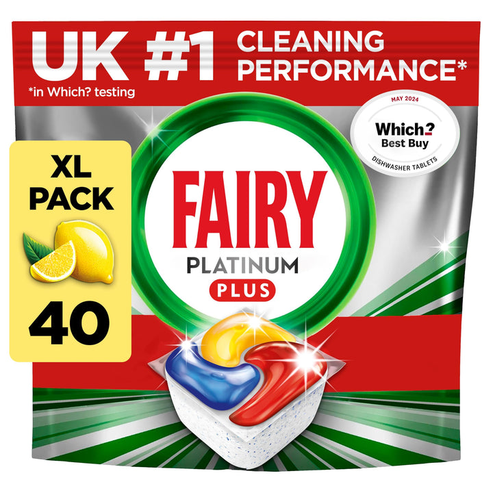 Fairy Platinum Plus Complete Dishwasher Tablets, 40 Tablets, Lemon, With Anti-Dull Technology