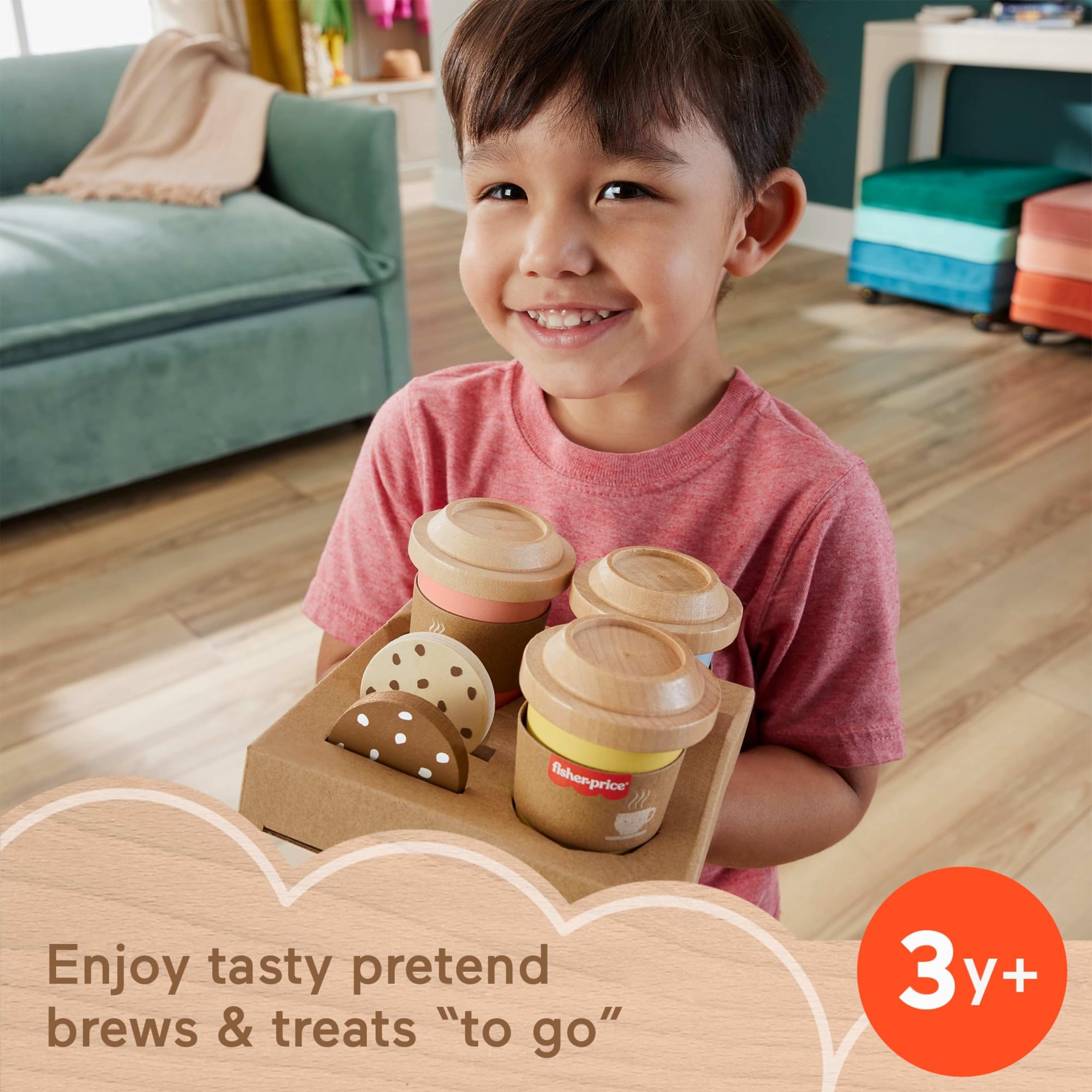Fisher-Price Wood Pretend Play Coffee To Go Café Set - 15-Piece Wooden Playset for Ages 3+ 6