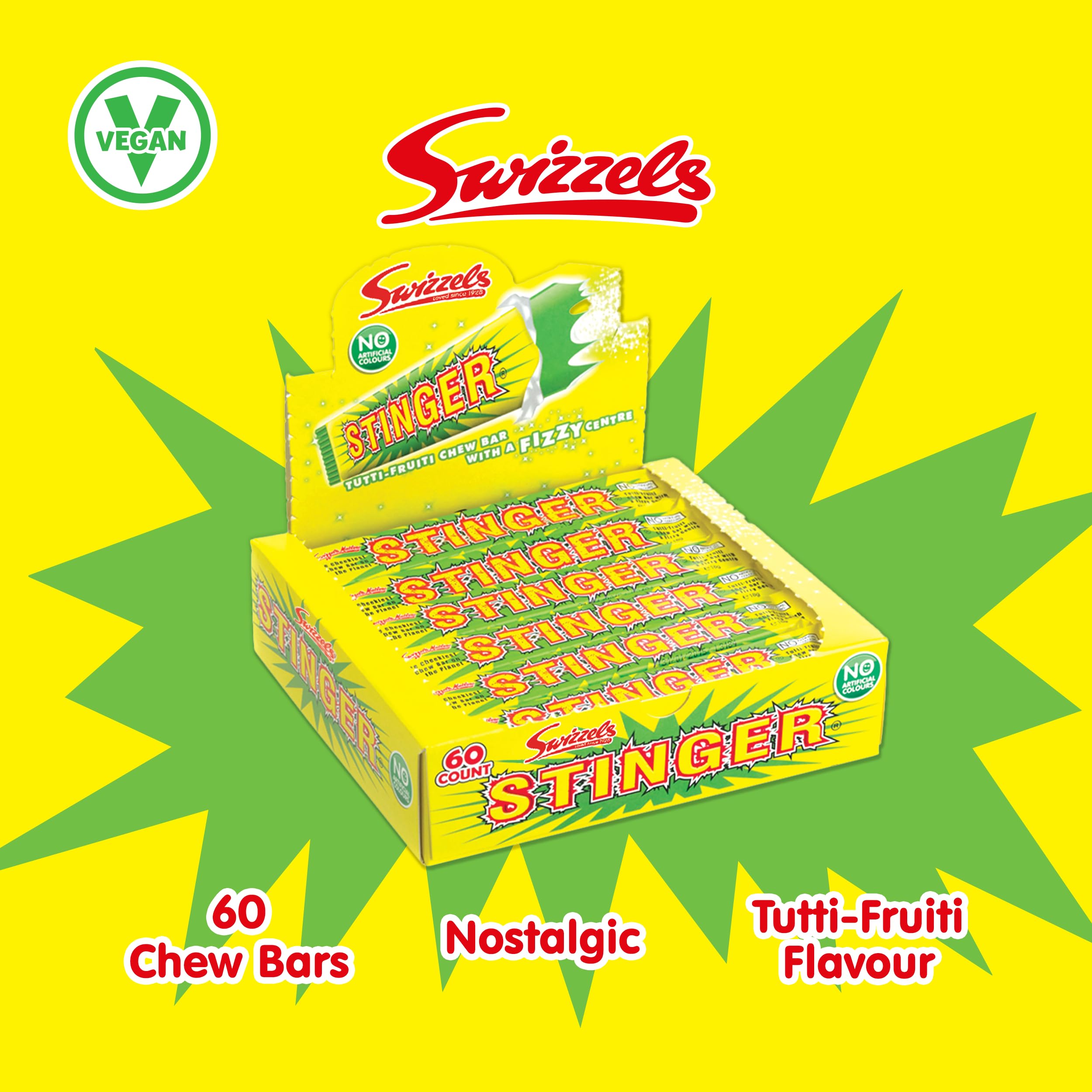 Swizzels Stinger Tutti Frutti Chew Bar Sweets – Vegane Kaubonbons mit Sprudelfüllung (60er-Packung) 5